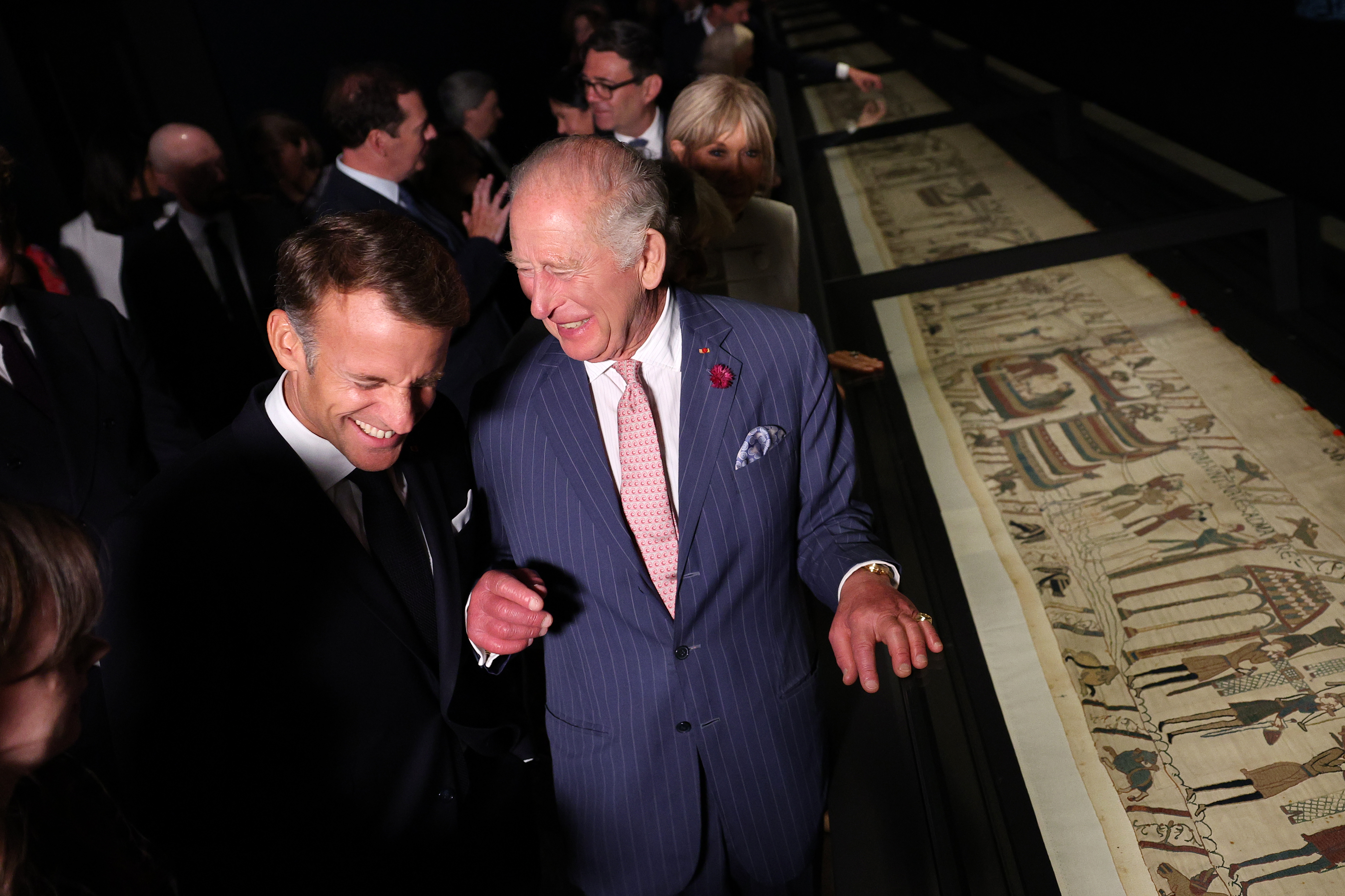 LONDON, ENGLAND - SEPTEMBER 2: King Charles III and France's President Emmanuel Macron (L) attend a preview event for the Bayeux Tapestry Exhibition at the British Museum in London on September 2, 2026. (Photo by Adrian Dennis - WPA Pool/Getty Images)