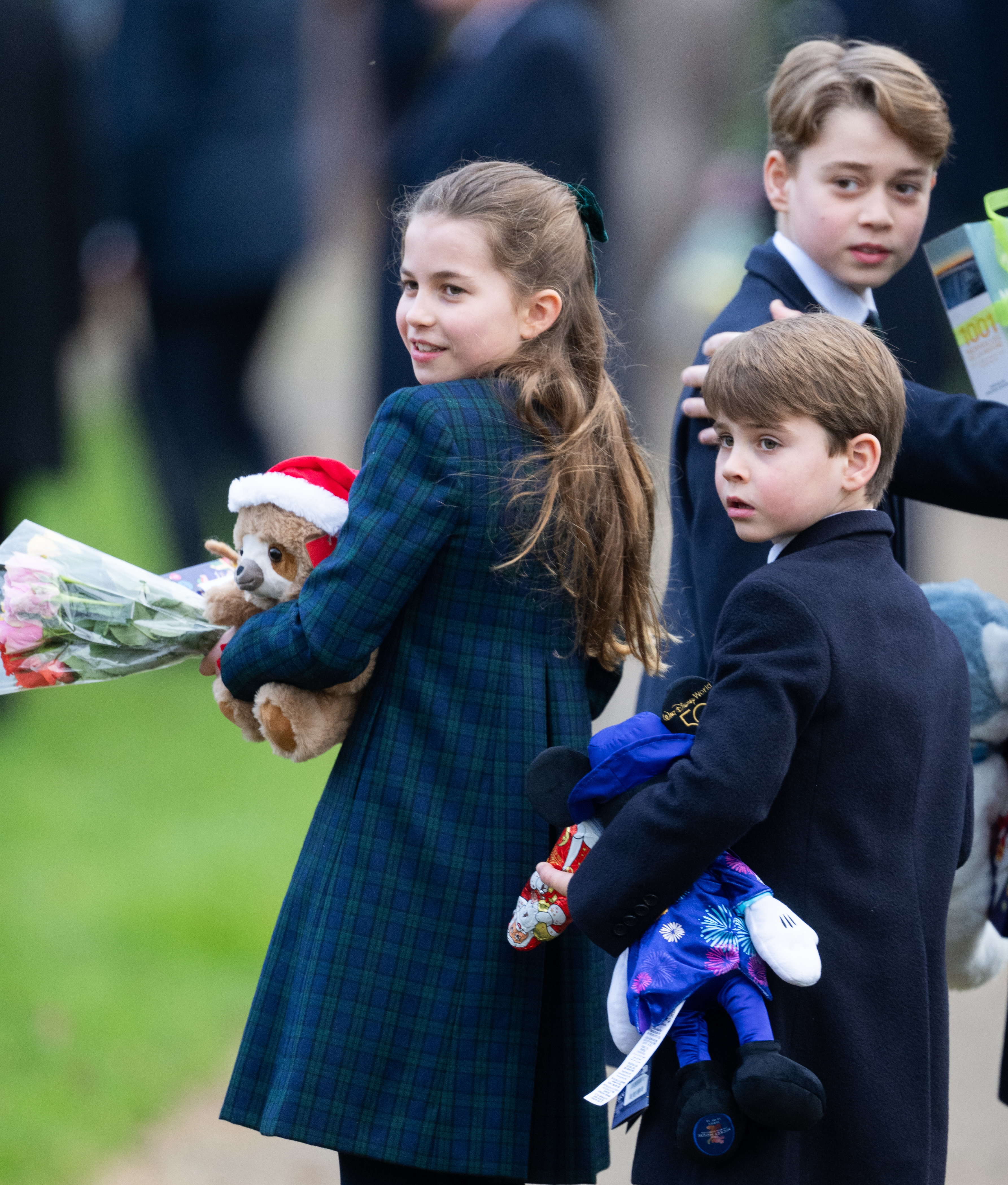 SANDRINGHAM, NORFOLK - DECEMBER 25: Princess Charlotte of Wales,  Prince Louis of Wales and Prince George of Wales attend the Christmas Morning Service at Sandringham Church on December 25, 2024 in Sandringham, Norfolk. (Photo by Samir Hussein/WireImage)