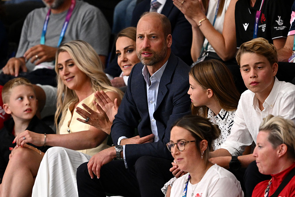 GLASGOW, SCOTLAND - AUGUST 01: Catherine, Princess of Wales, Prince William, Prince of Wales, Princess Charlotte and Prince George attend Track Cycling on day nine of the Glasgow 2026 Commonwealth Games at Sir Chris Hoy Velodrome on August 01, 2026 in Glasgow, Scotland. (Photo by Quinn Rooney/Getty Images)