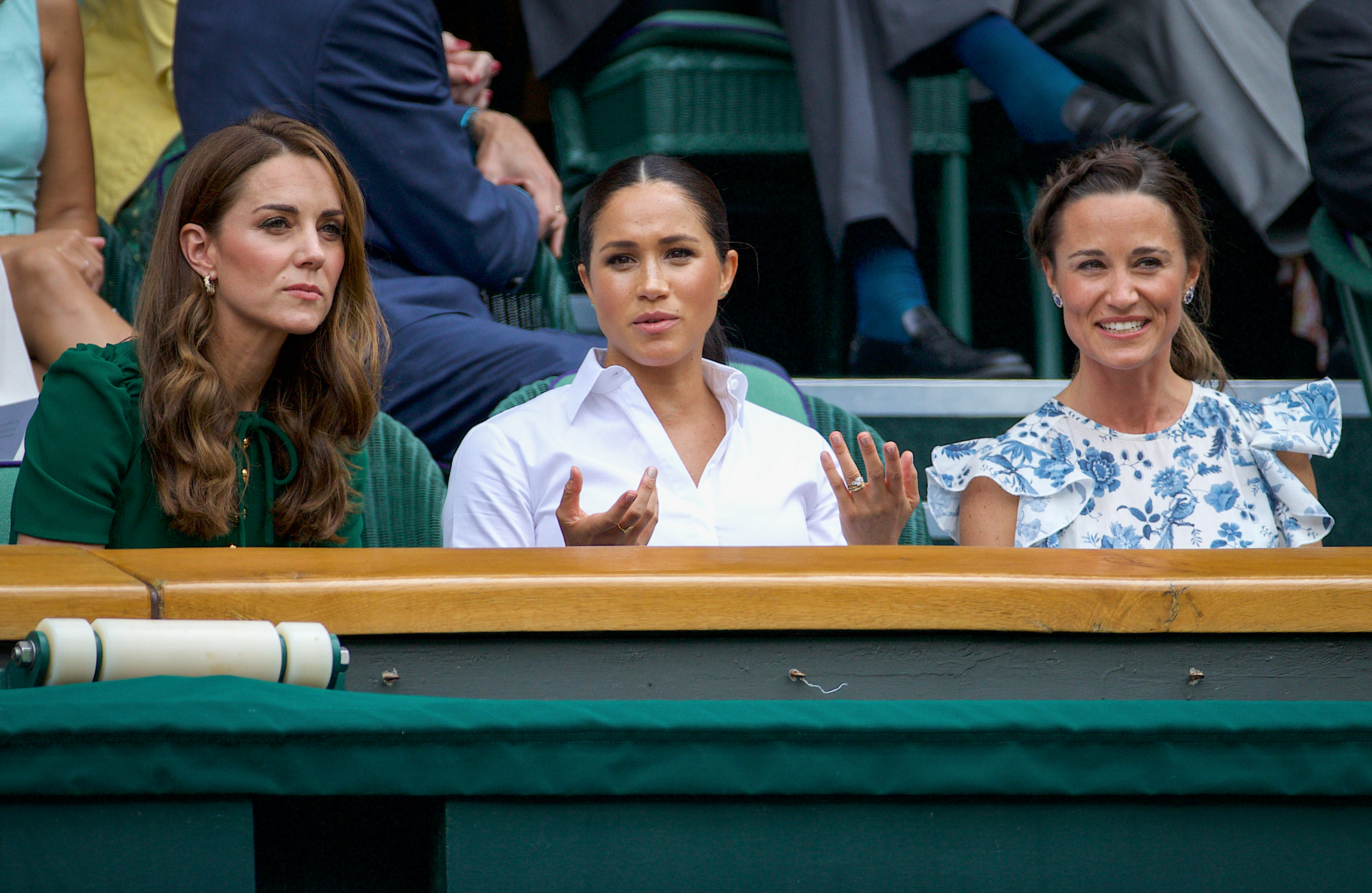 Princess Kate, Meghan Markle, and Pippa Middleton in the royal box on Centre Court ahead of the Ladies Singles Final at Wimbledon (Image Source: Getty Images | David Gray)