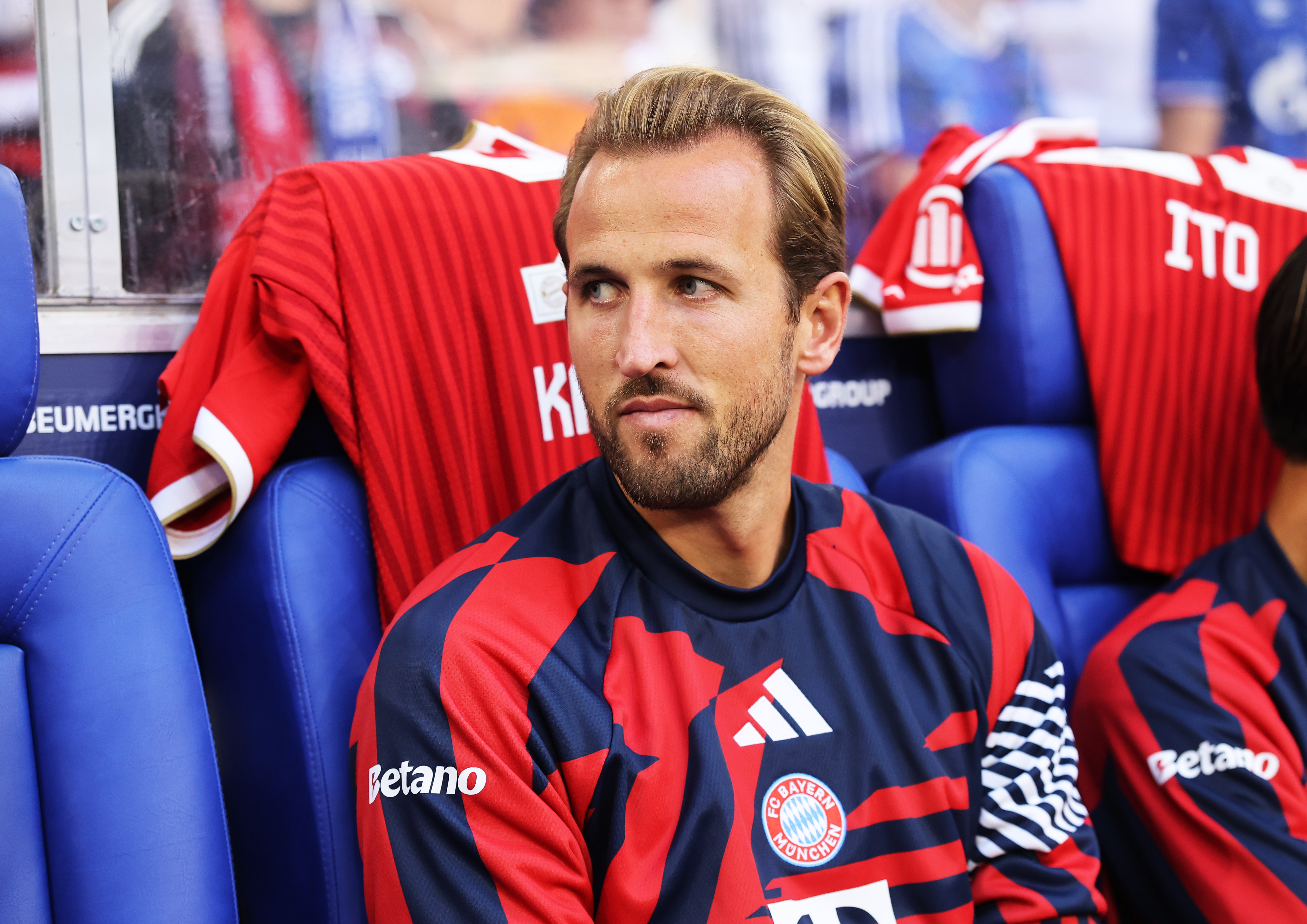 Harry Kane of Bayern Munich looks on from the bench before the Bundesliga 2026/27 match between FC Schalke 04 and FC Bayern München at Veltins-Arena on September 05, 2026, in Gelsenkirchen, Germany. (Image Source: Getty Images | Alex Grimm)