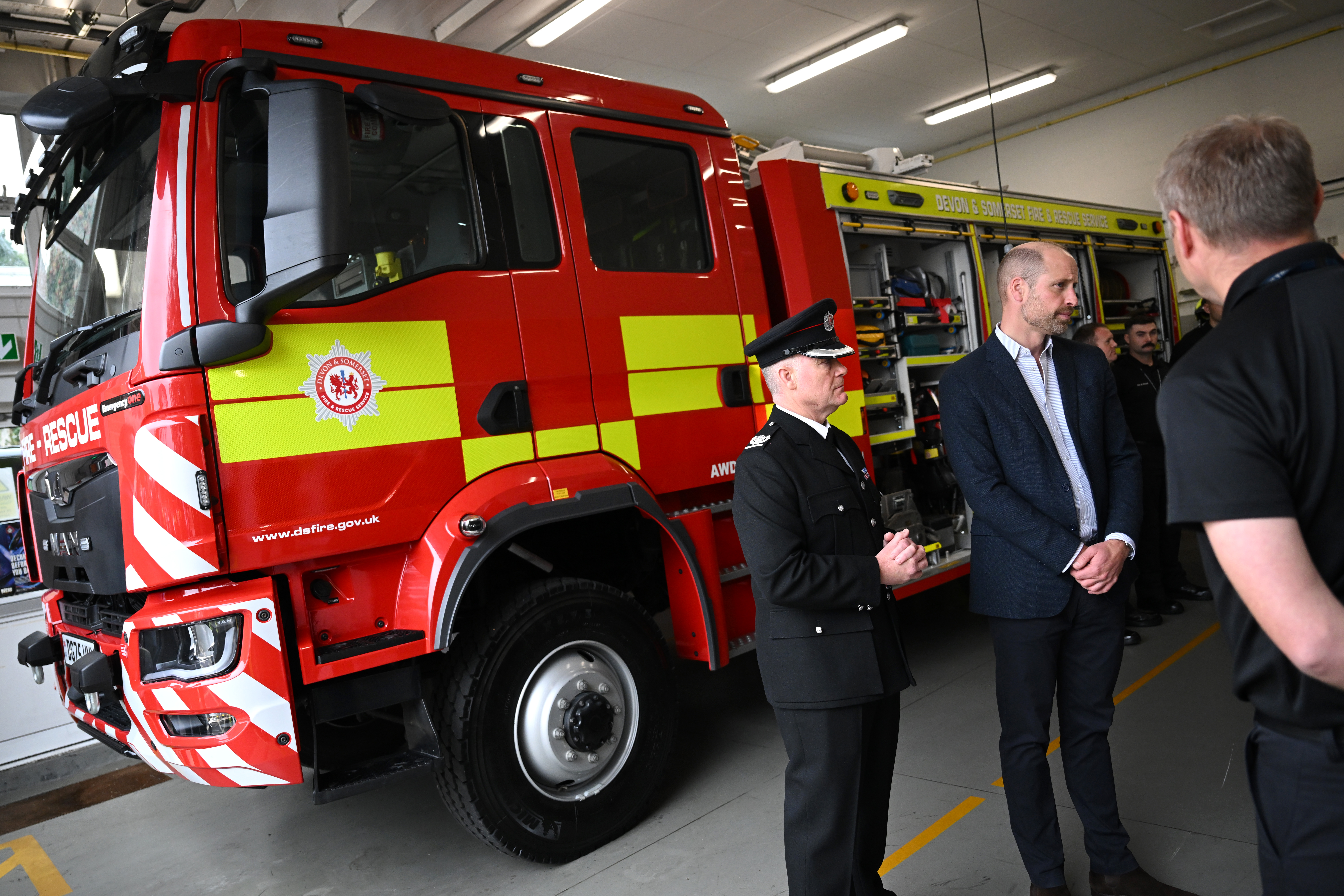 Prince William, Prince of Wales speaks with members of the Devon and Somerset Fire and Rescue Service during his visit to Ilminster Fire Station on October 06, 2026 in Ilminster, England. (Photo by Finnbarr Webster/Getty Images)