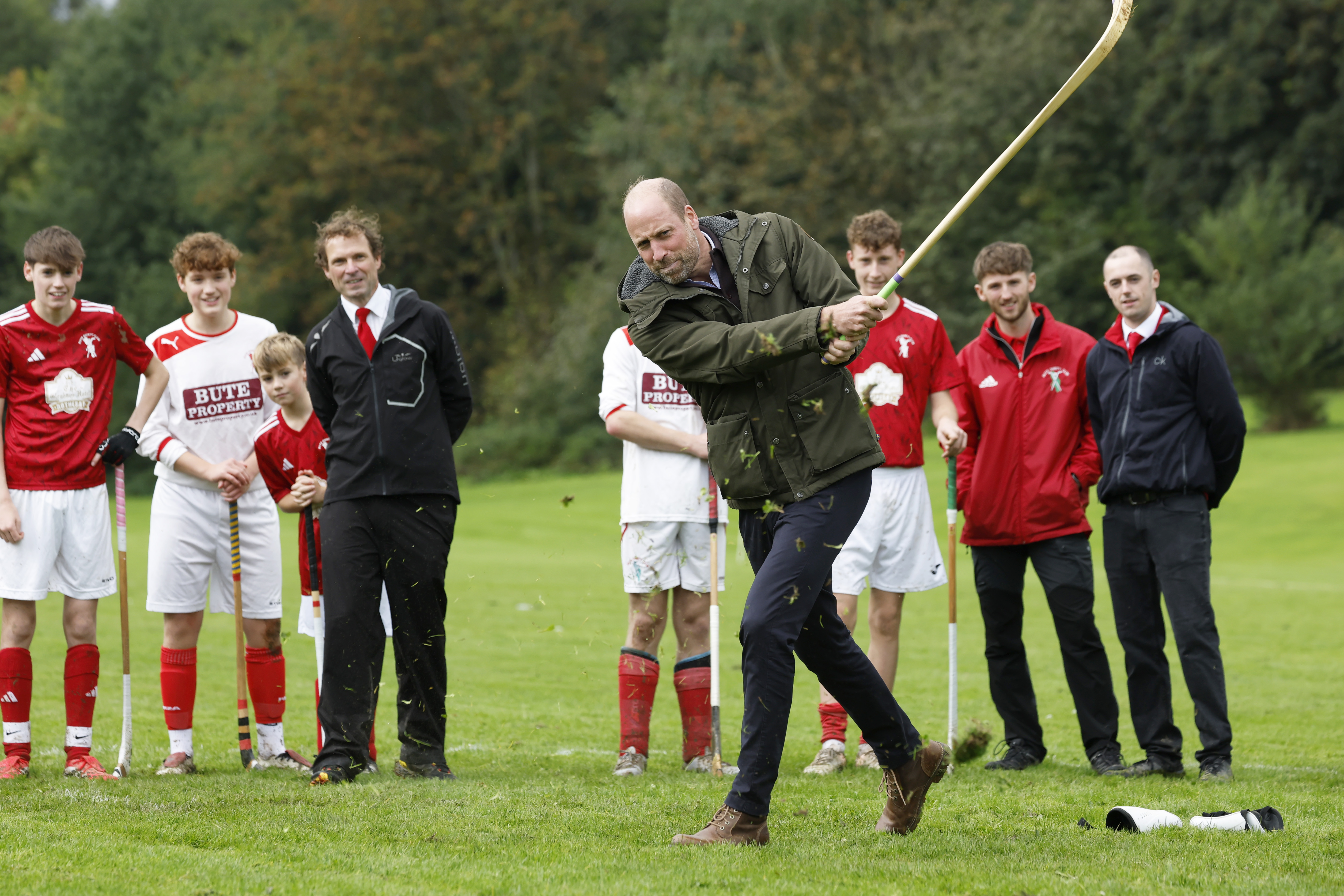 ROTHESAY, ISLE OF BUTE, SCOTLAND - SEPTEMBER 17: Prince William, Prince of Wales, participates in the sport on the pitch, while visiting Bute Shinty Club in Rothesay, during a royal visit to the Isle of Bute on September 17, 2026 in Rothesay, Isle of Bute, Scotland. The Prince and Princess of Wales, who also hold the titles of TheDuke and Duchess of Rothesay, visited the island to celebrate community, connection and volunteering. (Photo by Jeff J Mitchell/Getty Images)