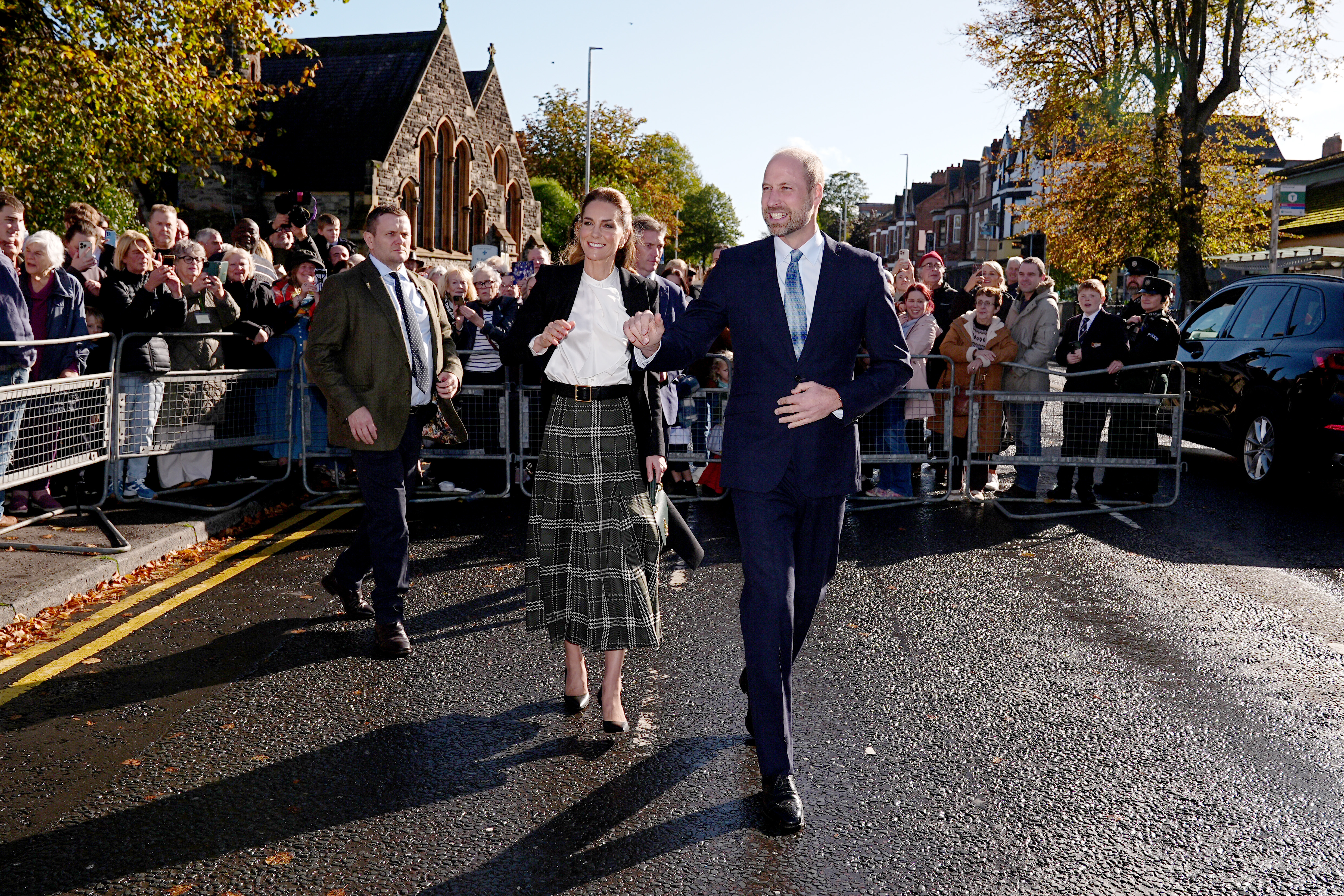 BELFAST, NORTHERN IRELAND - OCTOBER 09: Prince William, Prince of Wales and Catherine, Princess of Wales leave following their visit to The Commons, which is a project that will transform a church at the heart of the diverse and vibrant Ormeau Road community into a self-sustaining community centre for all, during their visit to Northern Ireland on October 09, 2026 in Belfast, Northern Ireland.  (Photo by Aaron Chown-WPA Pool/Getty Images)