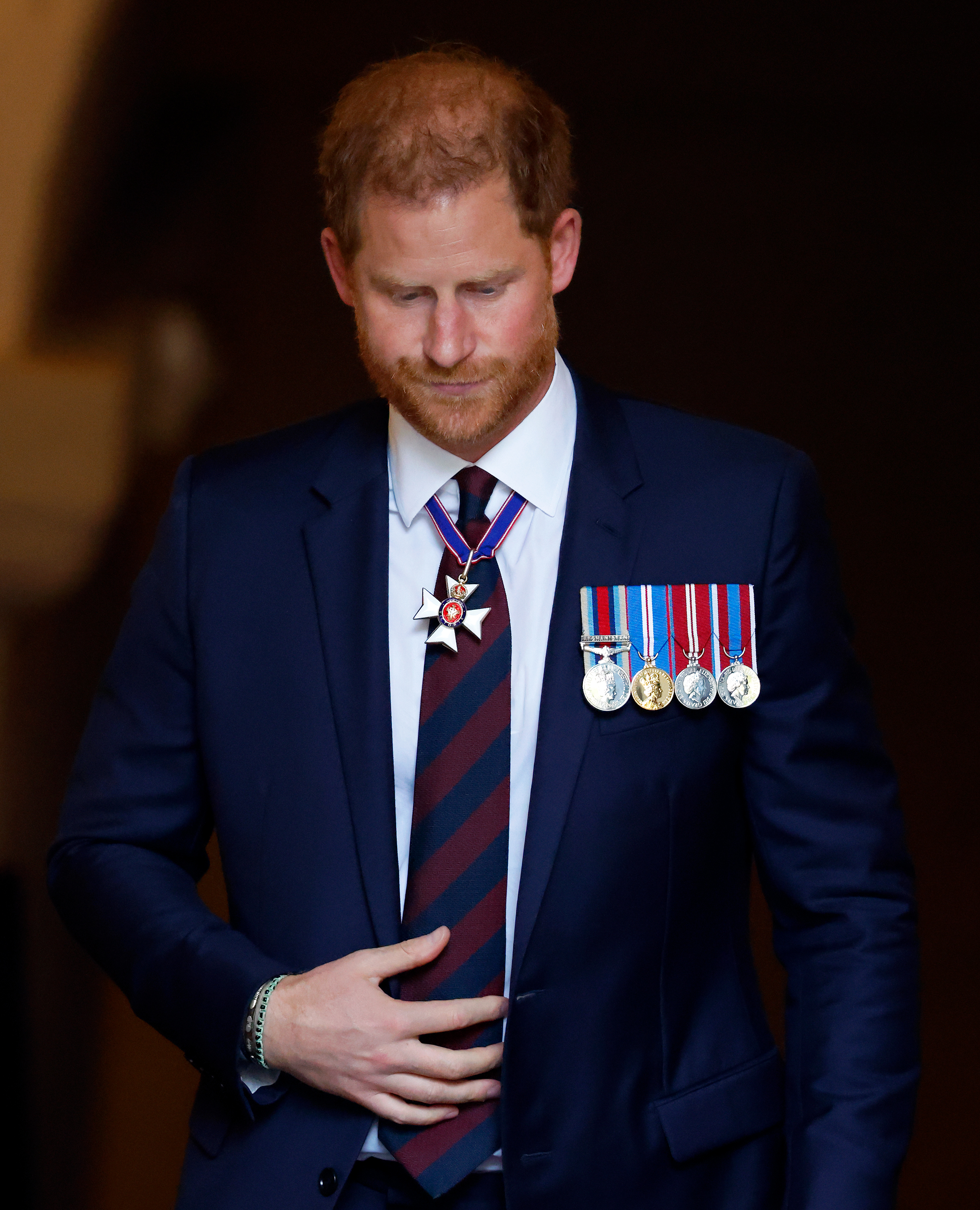 LONDON, UNITED KINGDOM - MAY 08: (EMBARGOED FOR PUBLICATION IN UK NEWSPAPERS UNTIL 24 HOURS AFTER CREATE DATE AND TIME) Prince Harry, Duke of Sussex (wearing a Household Division regimental tie and medals including his Knight Commander of the Royal Victorian Order cross) attends The Invictus Games Foundation 10th Anniversary Service at St Paul's Cathedral on May 8, 2024 in London, England. (Photo by Max Mumby/Indigo/Getty Images)