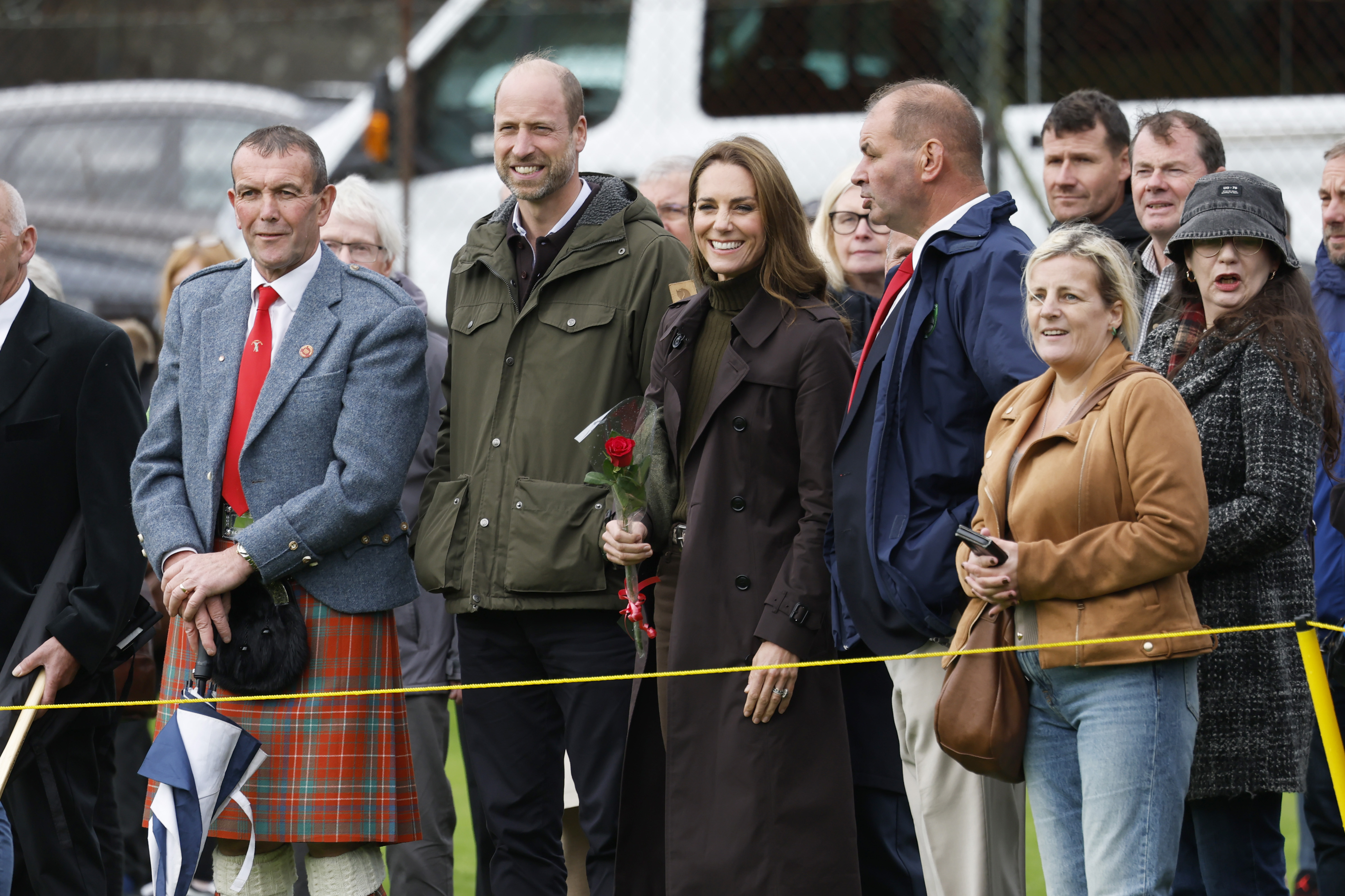 Prince William and Kate Middleton watching training activities on the pitch while visiting Bute Shinty Club in Rothesay, during a royal visit to the Isle of Bute (Image Source: Getty Images | Jeff J Mitchell)