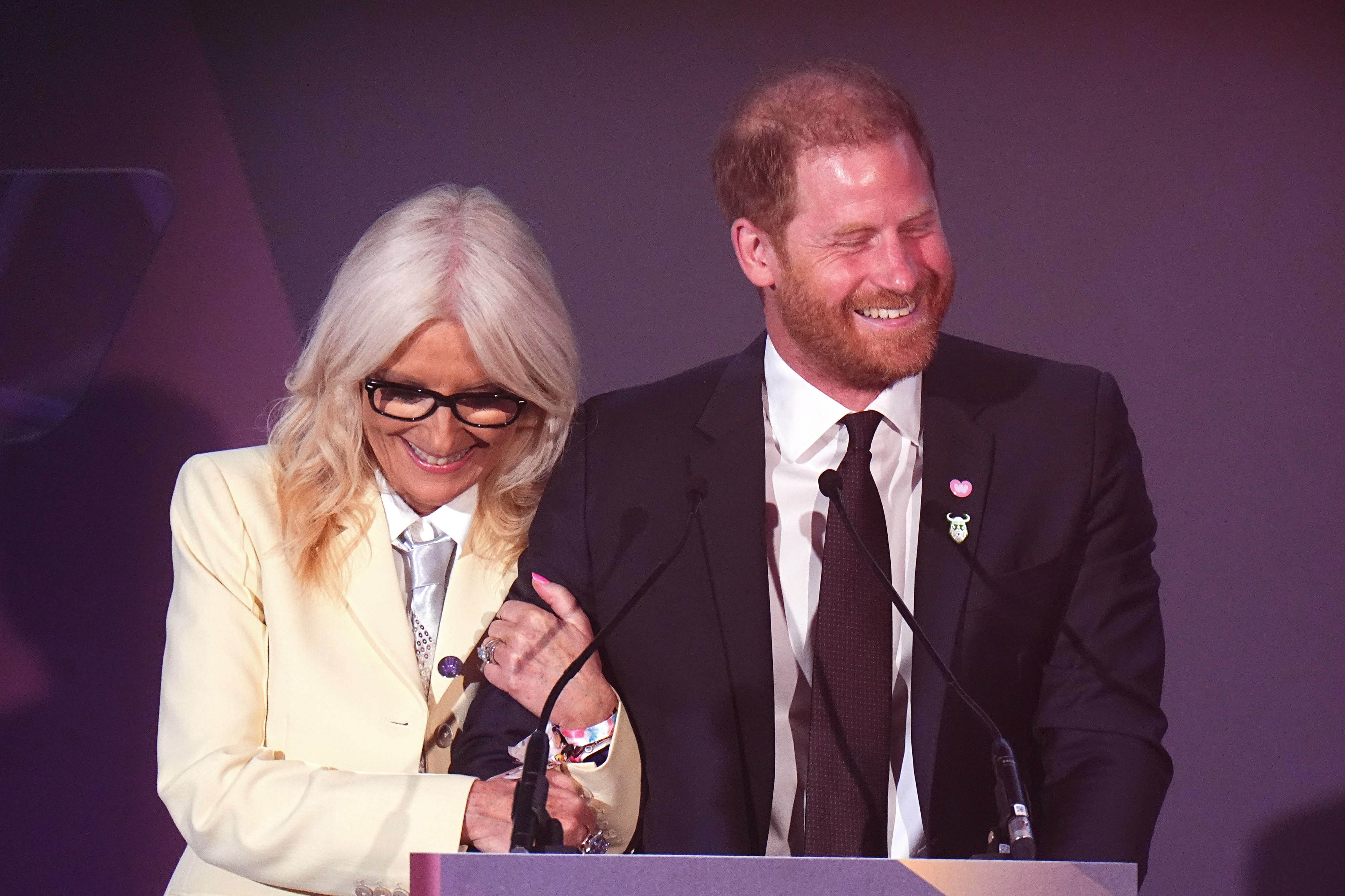 LONDON, ENGLAND - SEPTEMBER 21: Prince Harry, Duke of Sussex speaks alongside with Gaby Roslin during the 2026 Wellchild Awards at the Royal Lancaster Hotel on September 21, 2026 in London, England. (Photo by Aaron Chown - Pool/Getty Images)