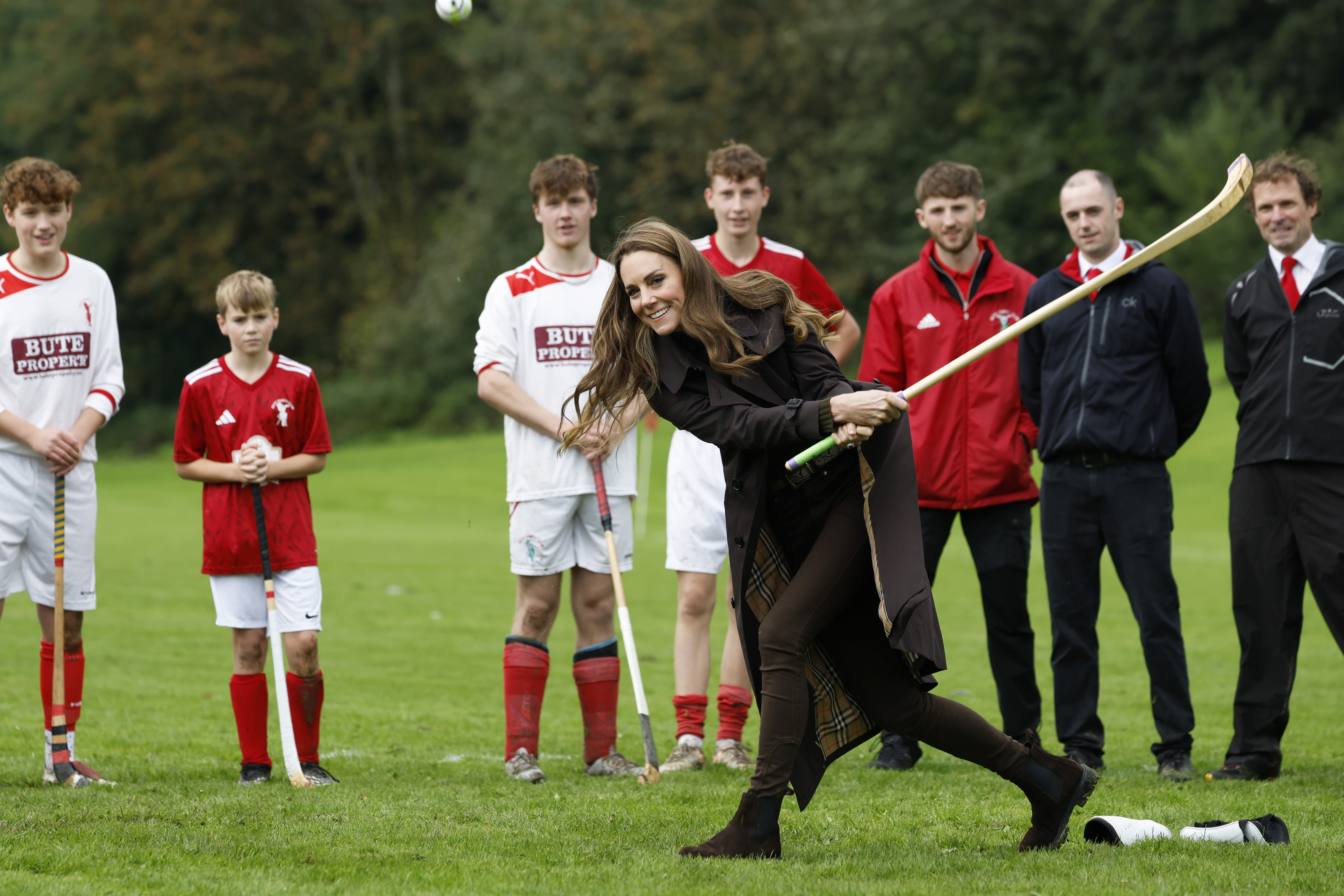 ROTHESAY, ISLE OF BUTE, SCOTLAND - SEPTEMBER 17: Catherine, Princess of Wales, participates in the sport on the pitch, while visiting Bute Shinty Club in Rothesay, during a royal visit to the Isle of Bute on September 17, 2026 in Rothesay, Isle of Bute, Scotland. The Prince and Princess of Wales, who also hold the titles of TheDuke and Duchess of Rothesay, visited the island to celebrate community, connection and volunteering. (Photo by Jeff J Mitchell/Getty Images)