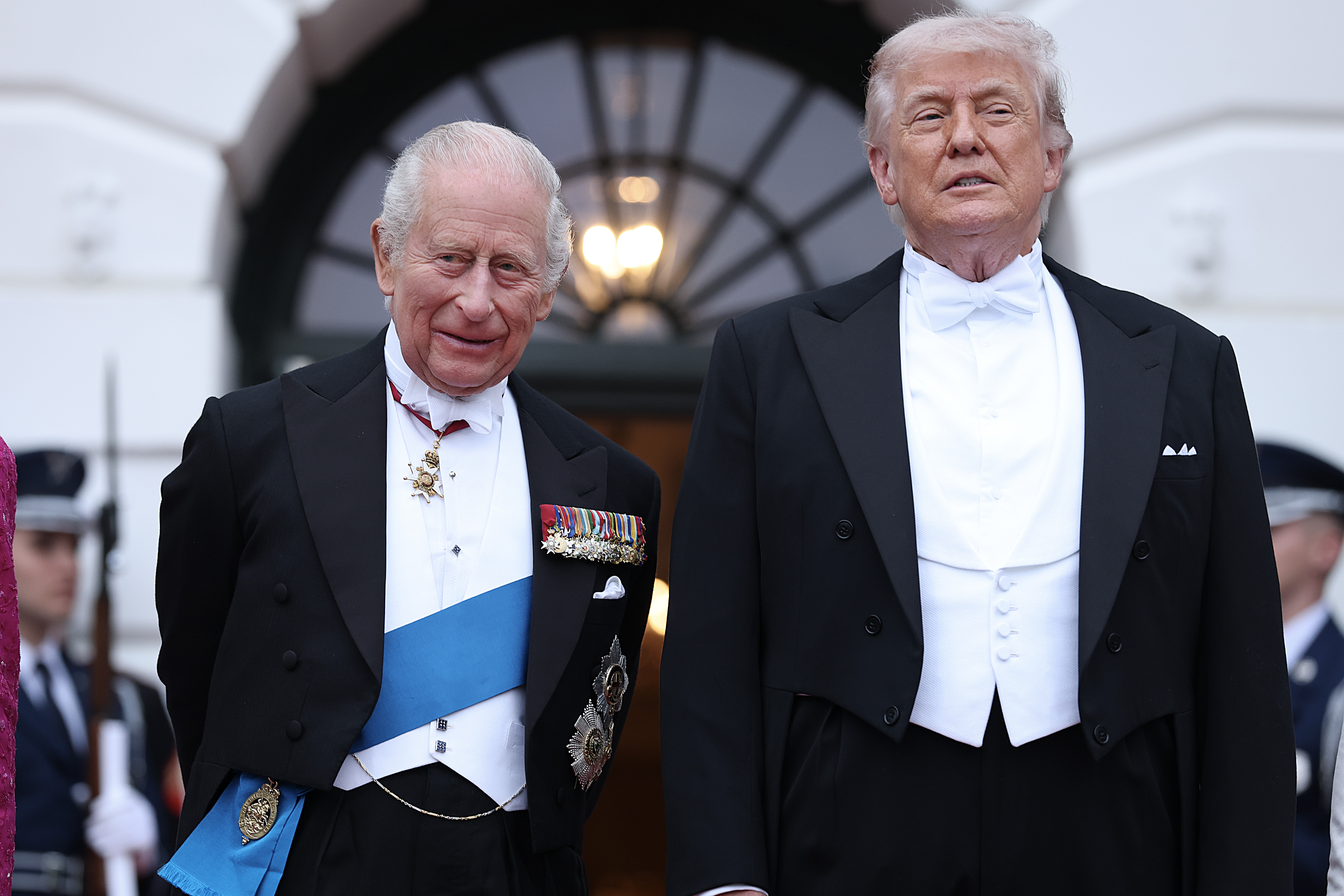 WASHINGTON, DC - APRIL 28: U.S. President Donald Trump welcomes King Charles III to the White House for a state dinner on April 28, 2026 in Washington, DC. In his first visit to the U.S. as the British monarch, King Charles III addressed a joint meeting of Congress as part of a multi-day trip to the nation's capital, New York City, and Virginia celebrating the United States of America's 250th anniversary of its independence. (Photo by Anna Moneymaker/Getty Images)