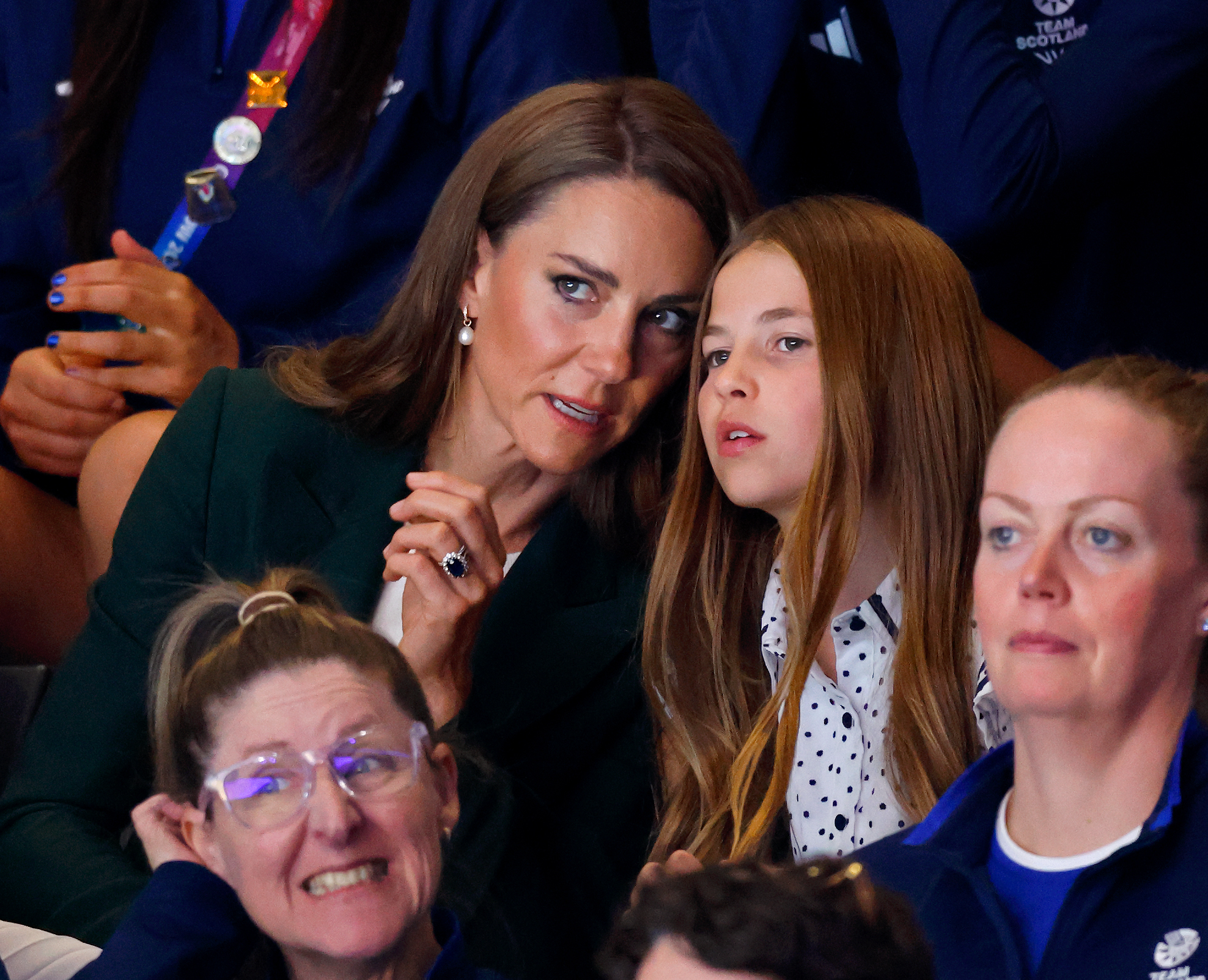 GLASGOW, SCOTLAND - AUGUST 01: (EMBARGOED FOR PUBLICATION IN UK NEWSPAPERS UNTIL 24 HOURS AFTER CREATE DATE AND TIME) Catherine, Princess of Wales and Princess Charlotte of Wales watch the netball semi-final match between Team Australia and Team Jamaica during the Glasgow 2026 Commonwealth Games at The Hydro on August 1, 2026 in Glasgow, Scotland. (Photo by Max Mumby/Indigo/Getty Images)