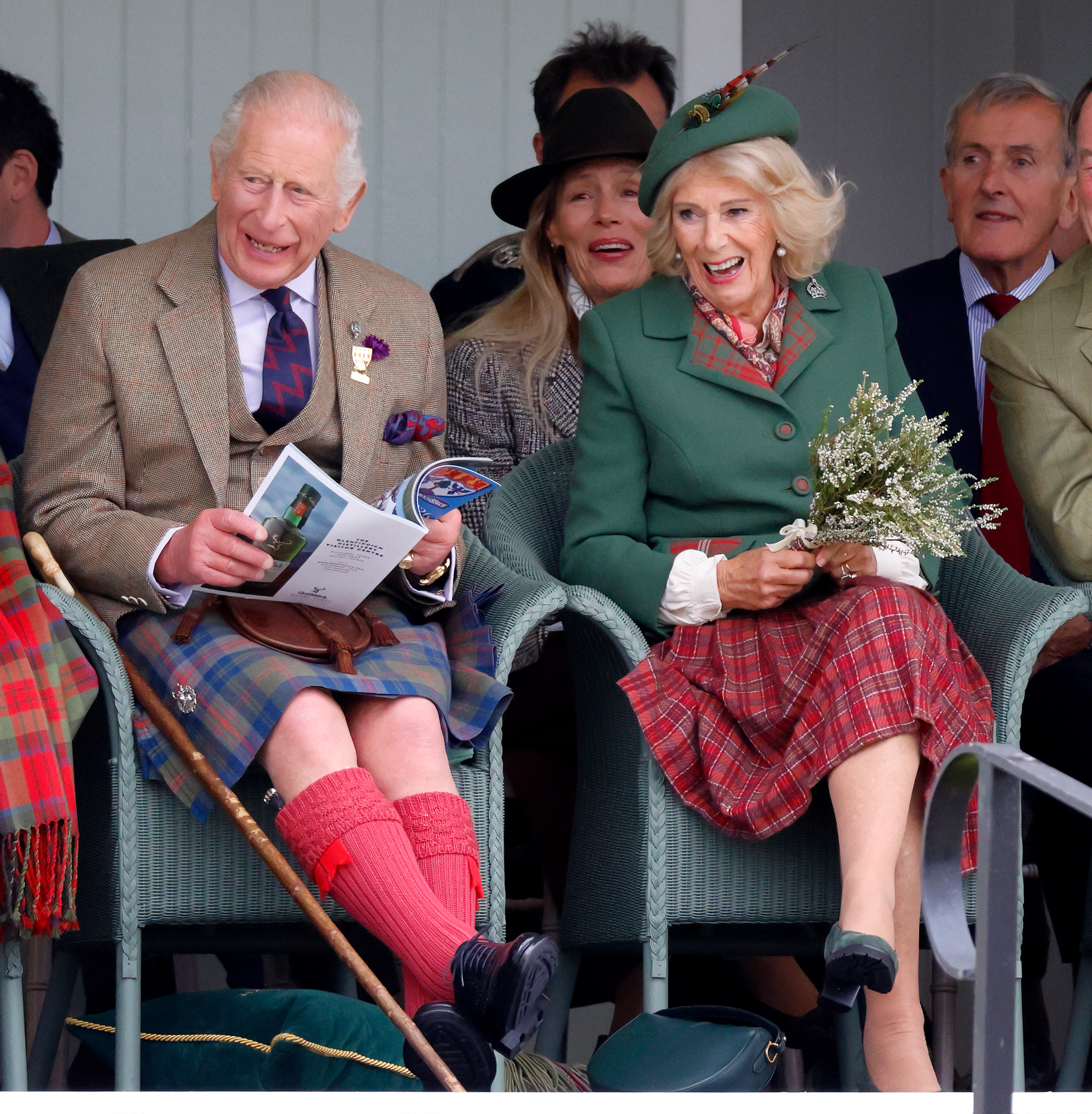 BRAEMAR, SCOTLAND - SEPTEMBER 05: (EMBARGOED FOR PUBLICATION IN UK NEWSPAPERS UNTIL 24 HOURS AFTER CREATE DATE AND TIME) King Charles III (wearing a Royal Artillery regimental tie and a kilt made from the King Charles III tartan) and Queen Camilla attend the Braemar Gathering 2026 at The Princess Royal and Duke of Fife Memorial Park on September 5, 2026 in Braemar, Scotland. (Photo by Max Mumby/Indigo/Getty Images)