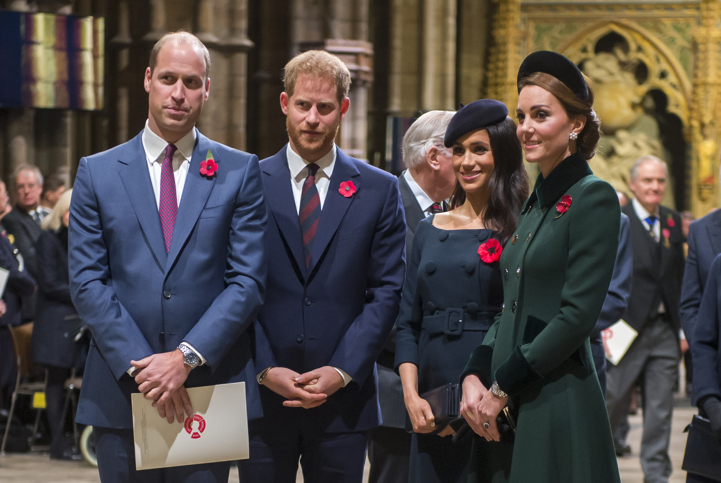 Prince William, Prince Harry, Meghan Markle, and Kate Middleton  attend a service marking the centenary of the WWI armistice at Westminster Abbey (Image Source: Getty Images I Paul Grover- WPA Pool)