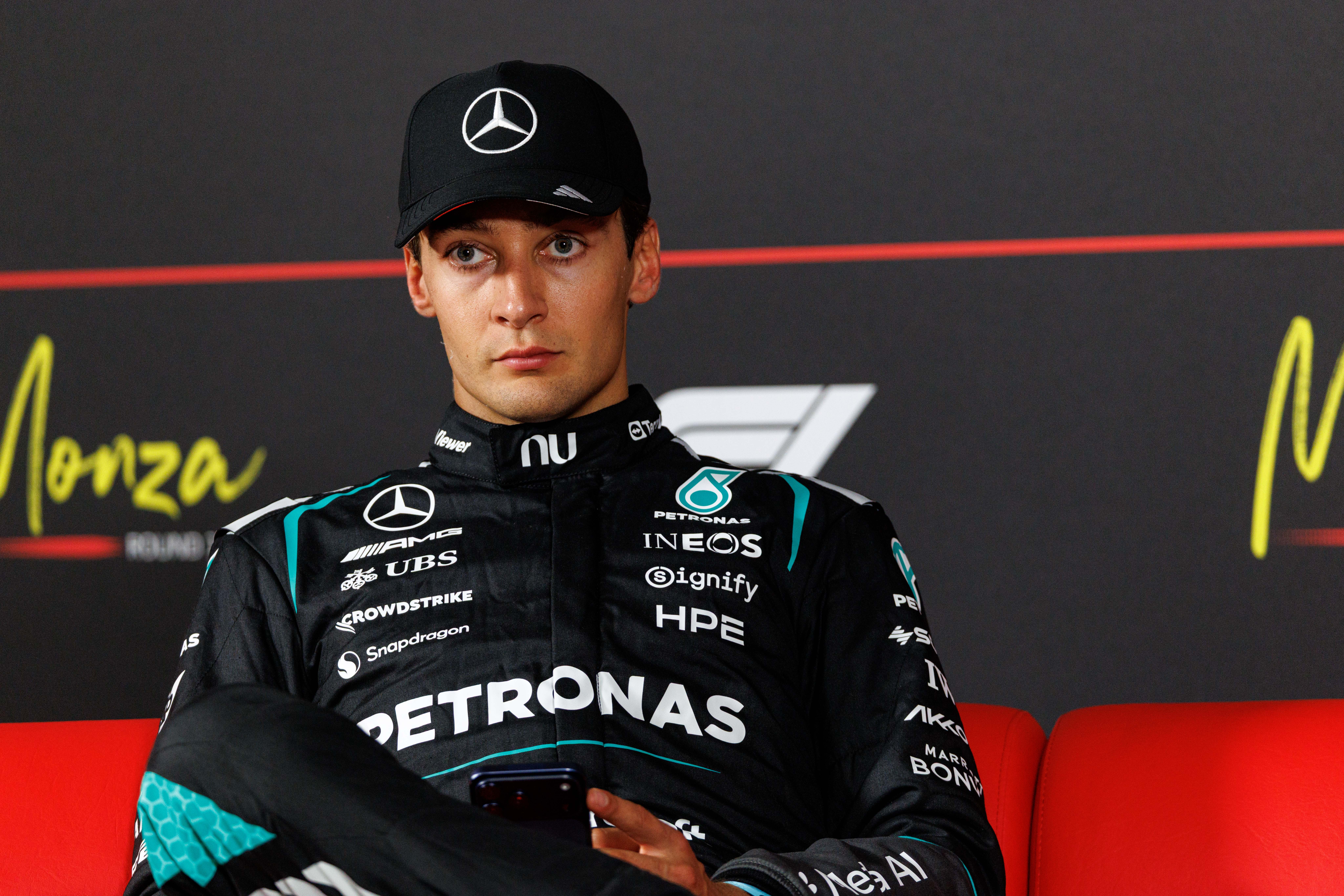 George Russell of Great Britain and Mercedes-AMG Petronas looks on in the FIA press conference during the F1 Grand Prix of Italy at Autodromo Nazionale Monza on September 6, 2026 in Monza, Italy. (Image Source: Getty Images | Kym Illman)