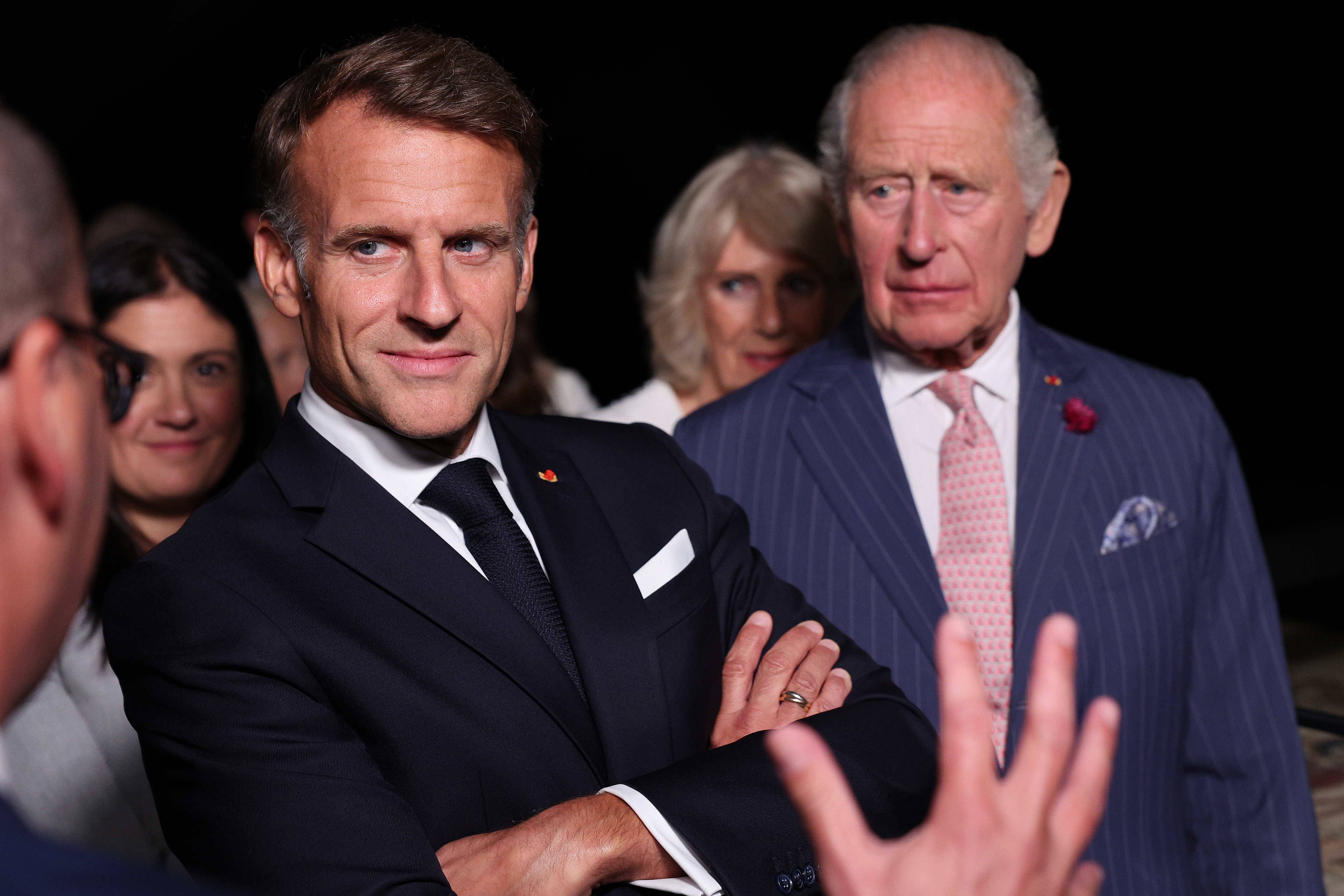 LONDON, ENGLAND - SEPTEMBER 2: (L-R) French Prime Minister Emmanuel Macron, King Charles III and Queen Camilla arrive to attend a preview event for the Bayeux Tapestry Exhibition at the British Museum in London on September 2, 2026. (Photo by Adrian Dennis - WPA Pool/Getty Images)