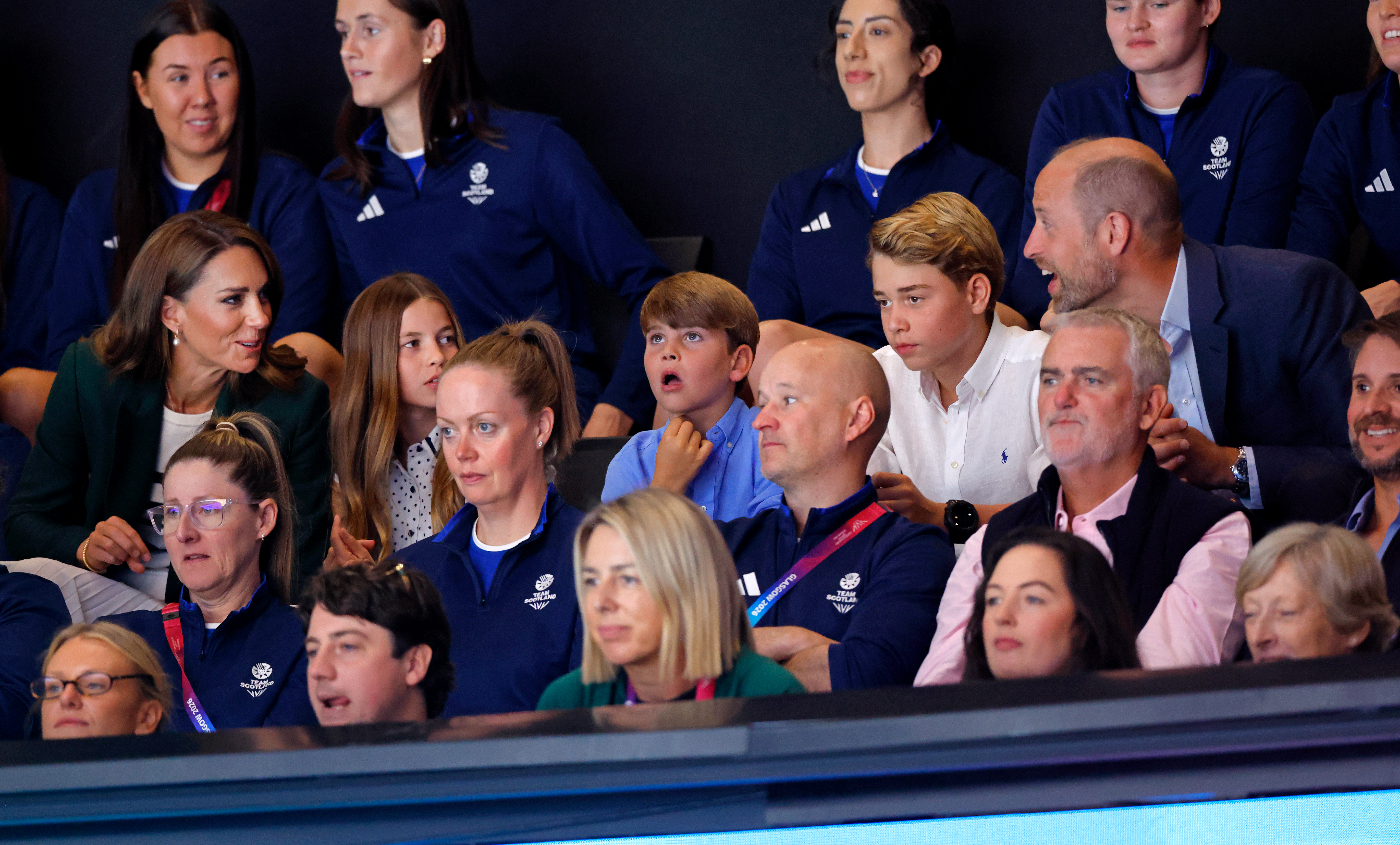 GLASGOW, SCOTLAND - AUGUST 01: (EMBARGOED FOR PUBLICATION IN UK NEWSPAPERS UNTIL 24 HOURS AFTER CREATE DATE AND TIME) Catherine, Princess of Wales, Princess Charlotte of Wales, Prince Louis of Wales, Prince George of Wales and Prince William, Prince of Wales watch the netball semi-final match between Team Australia and Team Jamaica during the Glasgow 2026 Commonwealth Games at The Hydro on August 1, 2026 in Glasgow, Scotland. (Photo by Max Mumby/Indigo/Getty Images)
