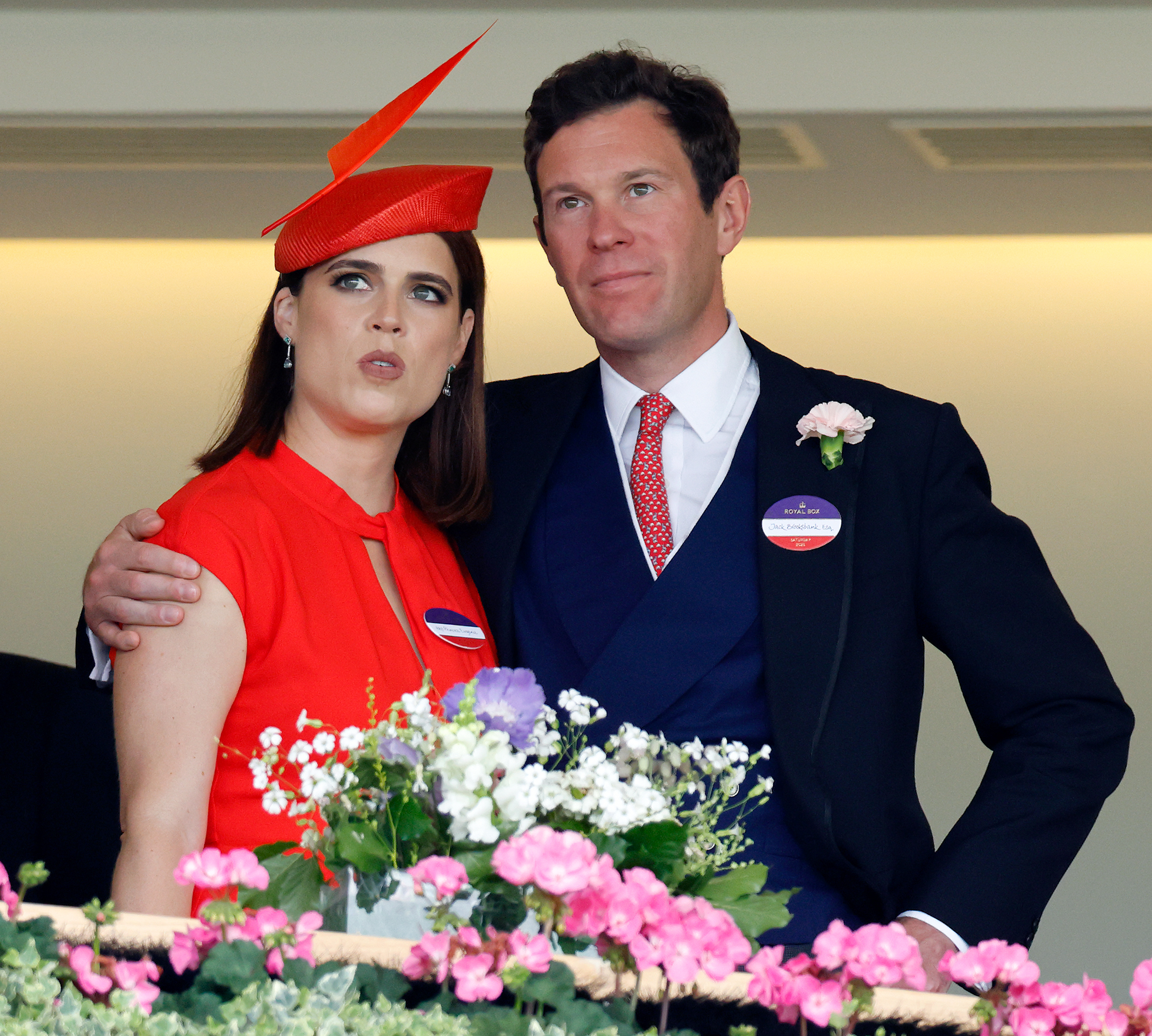 ASCOT, UNITED KINGDOM - JUNE 21: (EMBARGOED FOR PUBLICATION IN UK NEWSPAPERS UNTIL 24 HOURS AFTER CREATE DATE AND TIME) Princess Eugenie and Jack Brooksbank watch the racing from the Royal Box as they attend day five of Royal Ascot at Ascot Racecourse on June 21, 2025 in Ascot, England. (Photo by Max Mumby/Indigo/Getty Images)