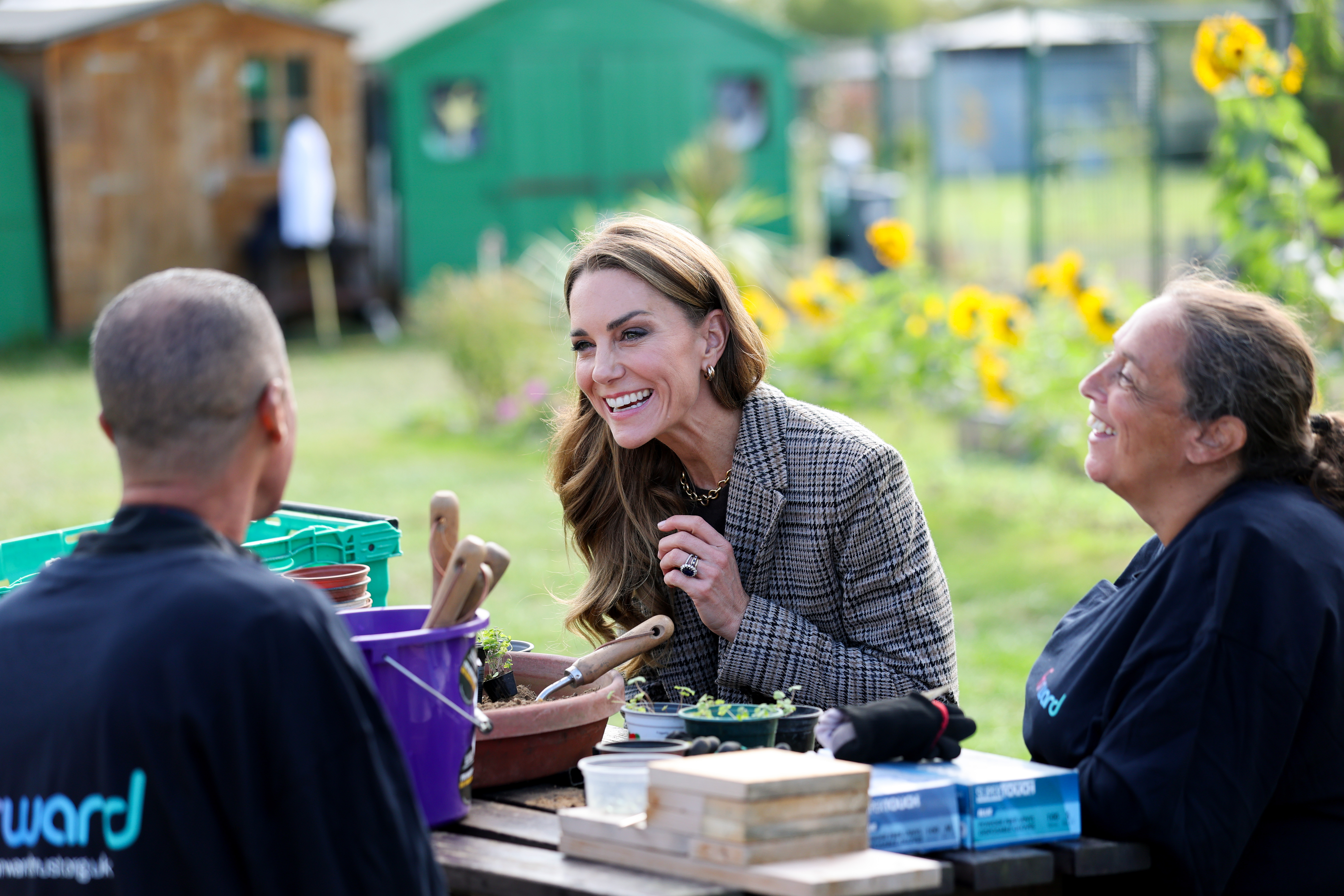 SOUTHEND, ENGLAND - SEPTEMBER 24: Catherine, Princess of Wales laughs druing a table discussion on a visit to The Forward Trust to mark Addiction Awareness Week on September 24, 2026 in Southend, England. The Forward Trust supports people as they recover from addiction with the aim of helping them rebuild their lives. The Princess of Wales has been a patron of the charity since 2021. (Photo by Chris Jackson/Getty Images)