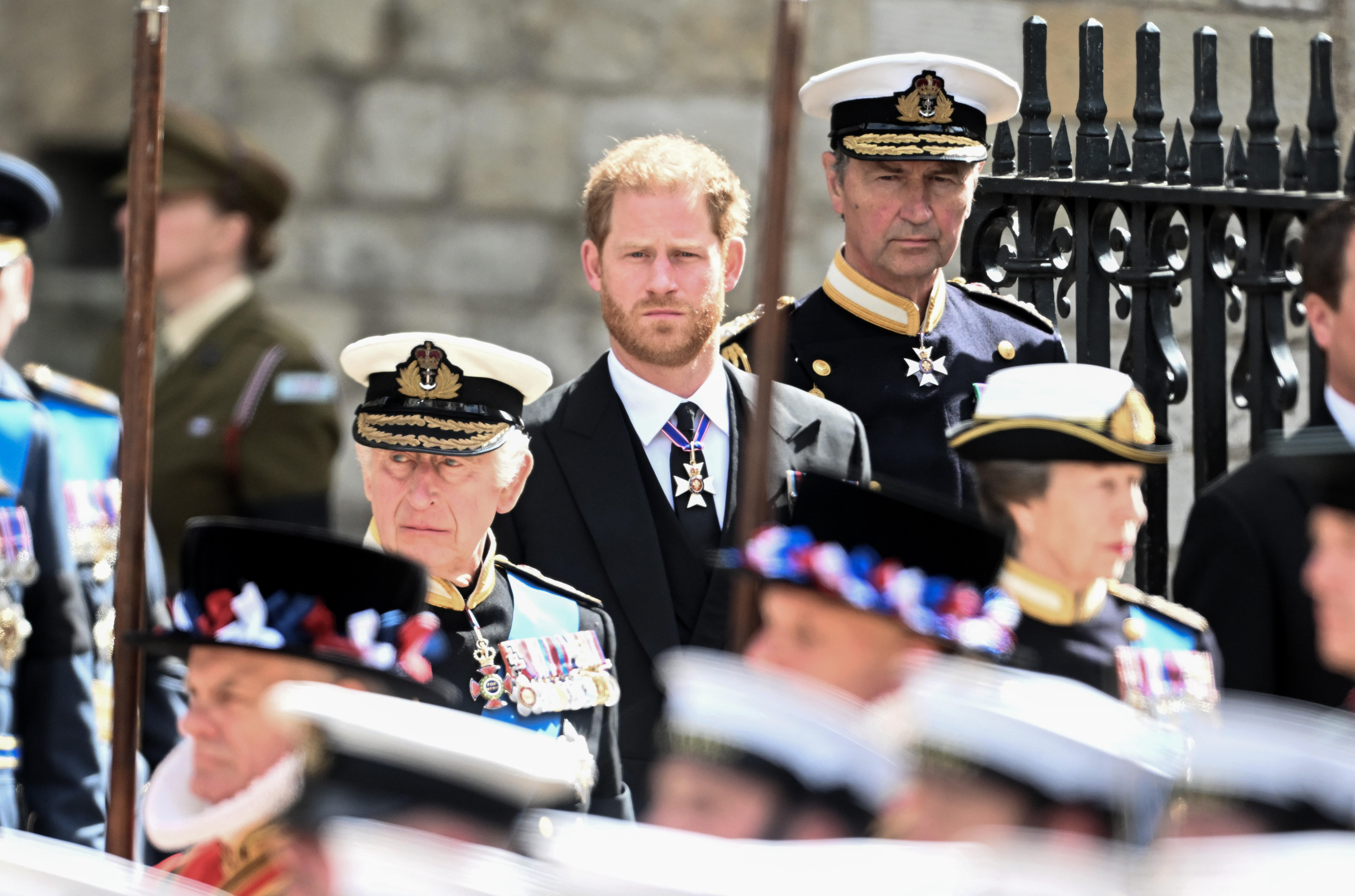 LONDON, ENGLAND - SEPTEMBER 19:  King Charles III, Prince Harry, Duke of Sussex and Vice Admiral Sir Timothy Laurence during the State Funeral of Queen Elizabeth II at Westminster Abbey on September 19, 2022 in London, England.  Elizabeth Alexandra Mary Windsor was born in Bruton Street, Mayfair, London on 21 April 1926. She married Prince Philip in 1947 and ascended the throne of the United Kingdom and Commonwealth on 6 February 1952 after the death of her Father, King George VI. Queen Elizabeth II died at Balmoral Castle in Scotland on September 8, 2022, and is succeeded by her eldest son, King Charles III. (Photo by Samir Hussein/WireImage)