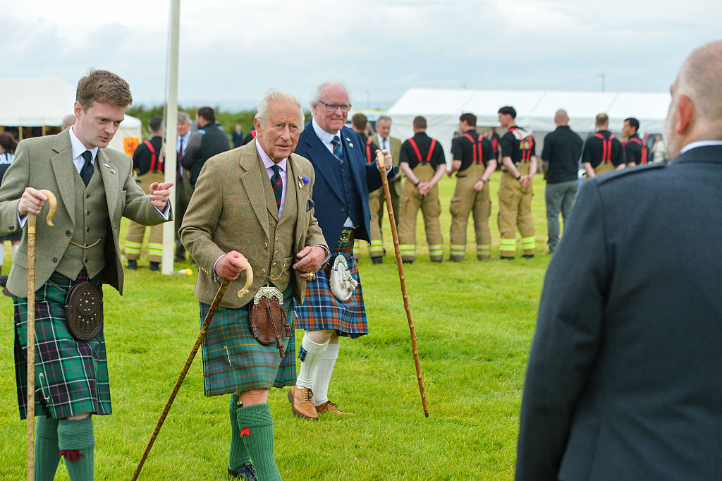 JOHN O'GROATS, SCOTLAND - AUGUST 01: King Charles III attends the 2026 Mey Highland Games in traditional Highland dress at John O'Groats Showground on August 01, 2026 in John O'Groats, Scotland. (Photo by Martin Grimes/Getty Images)