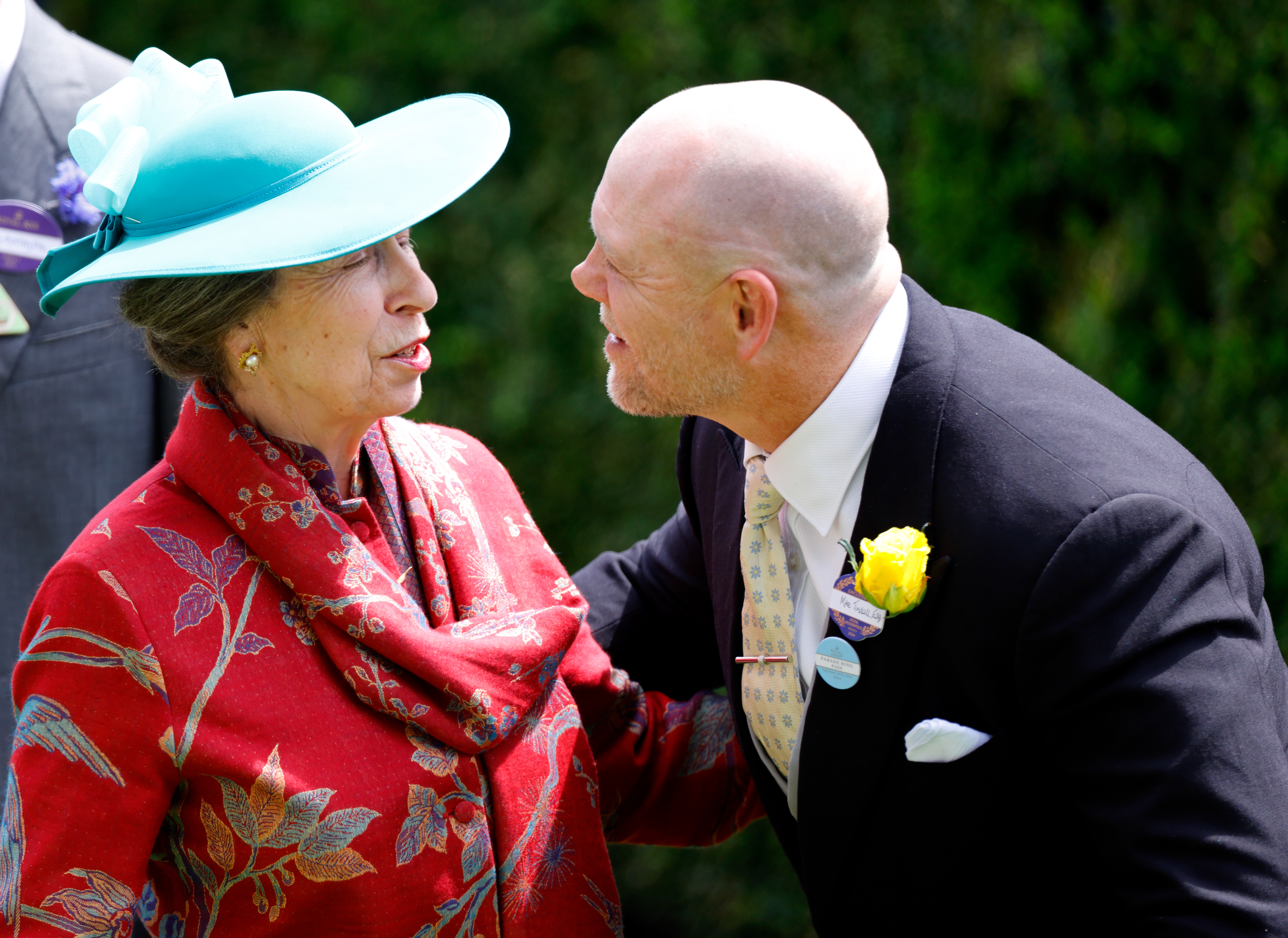 ASCOT, UNITED KINGDOM - JUNE 18: (EMBARGOED FOR PUBLICATION IN UK NEWSPAPERS UNTIL 24 HOURS AFTER CREATE DATE AND TIME) Princess Anne, Princess Royal kisses son-in-law Mike Tindall as they attend day one of Royal Ascot 2024 at Ascot Racecourse on June 18, 2024 in Ascot, England. (Photo by Max Mumby/Indigo/Getty Images)