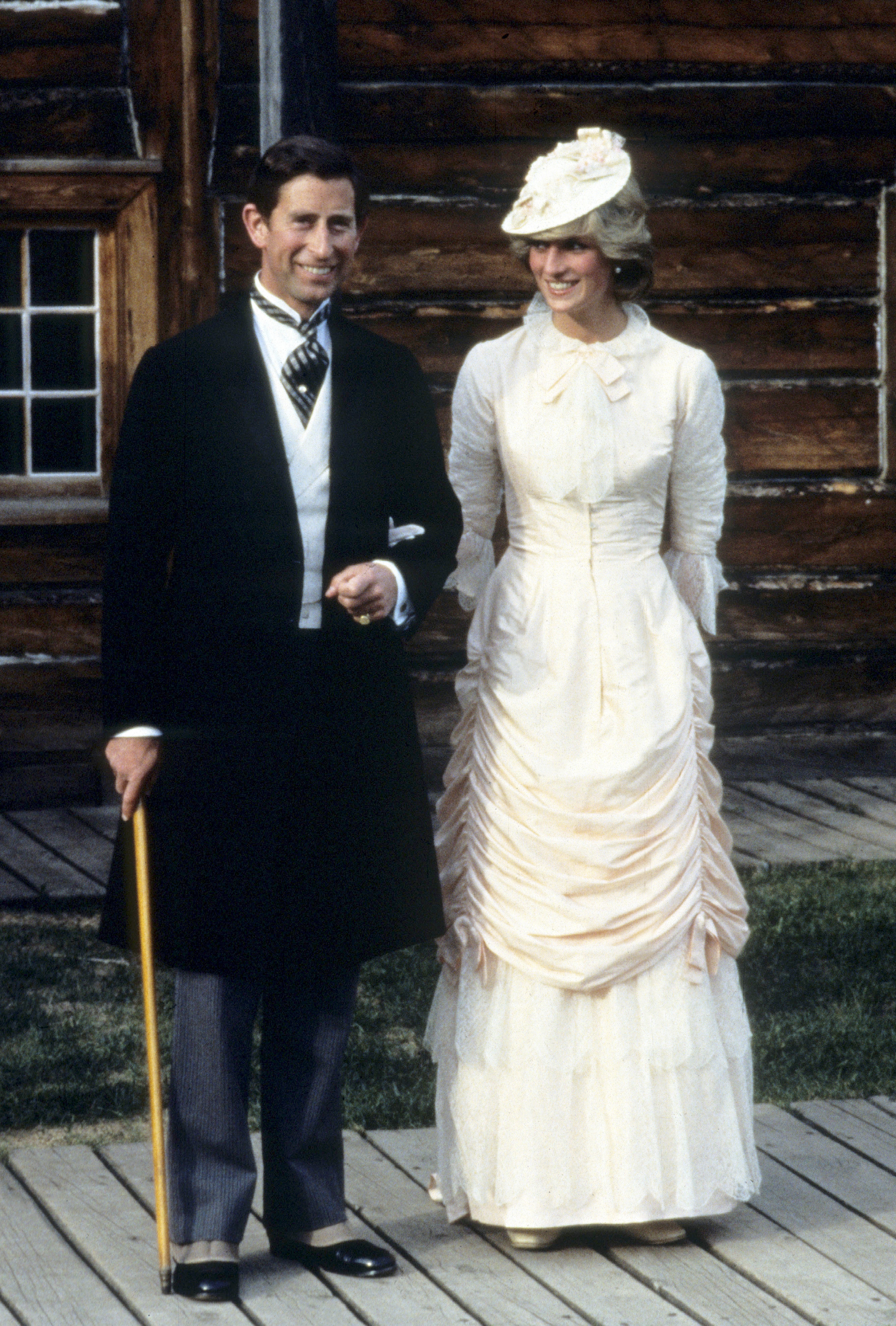 Prince Charles, Prince of Wales, and Diana, Princess of Wales, wearing traditional Klondike (Klondyke) style outfits, attend a Klondike evening barbecue on June 29, 1983, at Fort Edmonton, Canada. (Photo by Anwar Hussein/Getty Images)