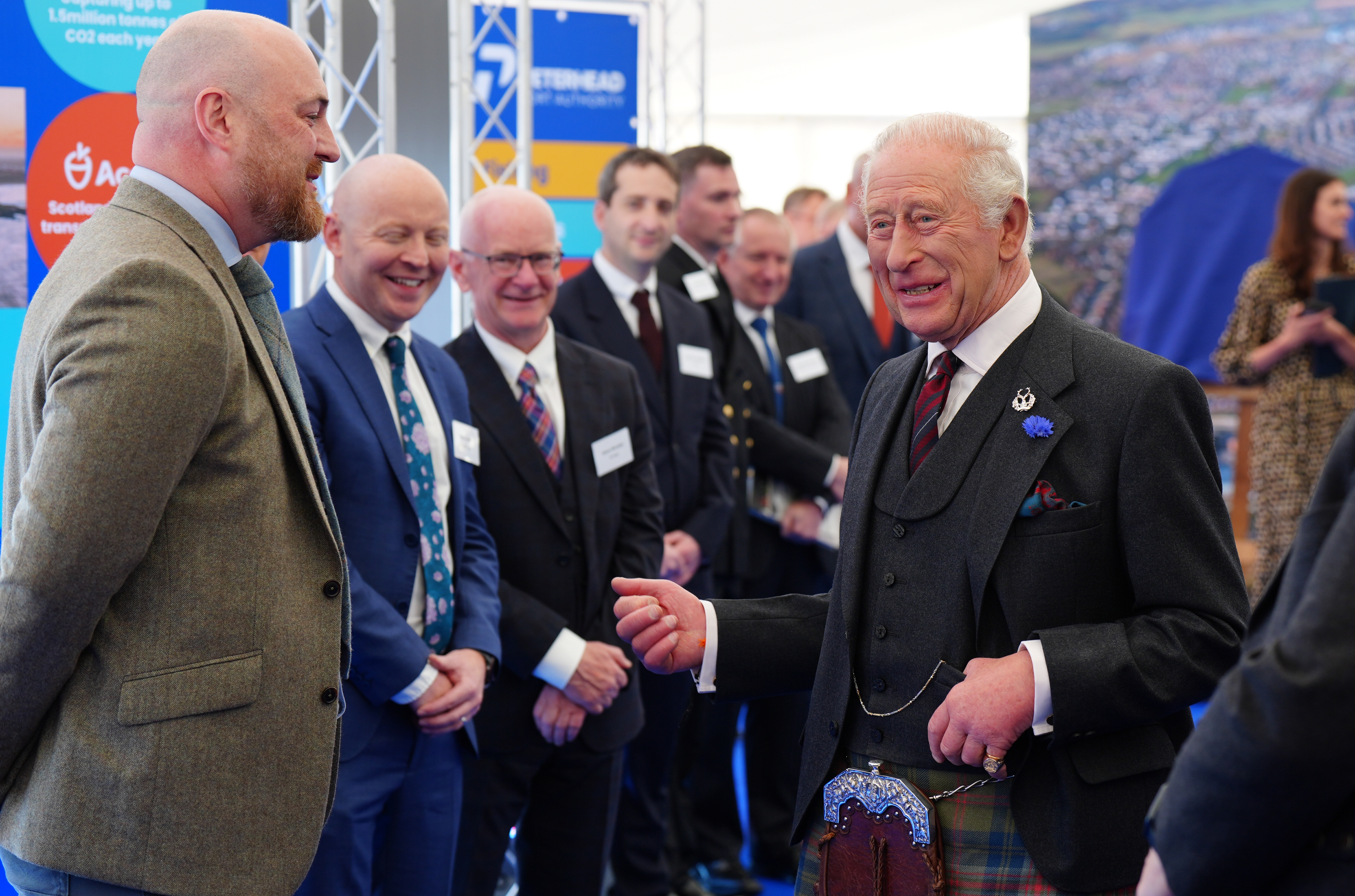 ABERDEEN, SCOTLAND - SEPTEMBER 22: King Charles III during a visit to Peterhead Port to meet organisations involved in the area's local energy ecosystem, which is helping to drive the UK's transition to clean and renewable energy on September 22, 2026 in Aberdeen, Scotland. (Photo by Jane Barlow - Pool/Getty Images)