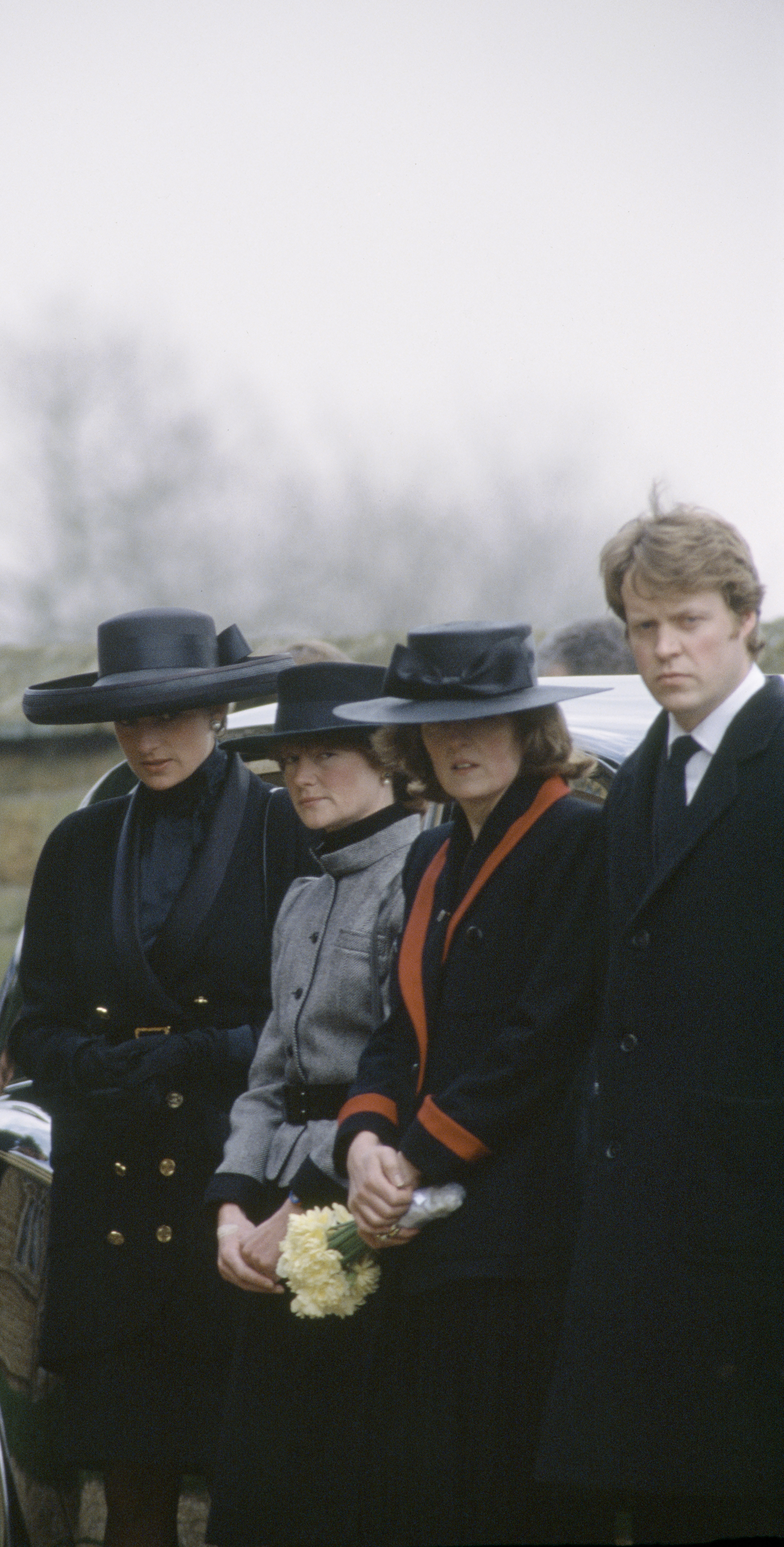 Princess Diana (1961 - 1997) at the funeral of her father, Earl Spencer at Great Brington church, Northamptonshire, March 1992. On her right Diana's sisters Sarah McCorquodale and Jane Fellowes , and her brother Charles, the 9th Earl Spencer. (Photo by Mathieu Polak/Sygma/ Sygma via Getty Images)