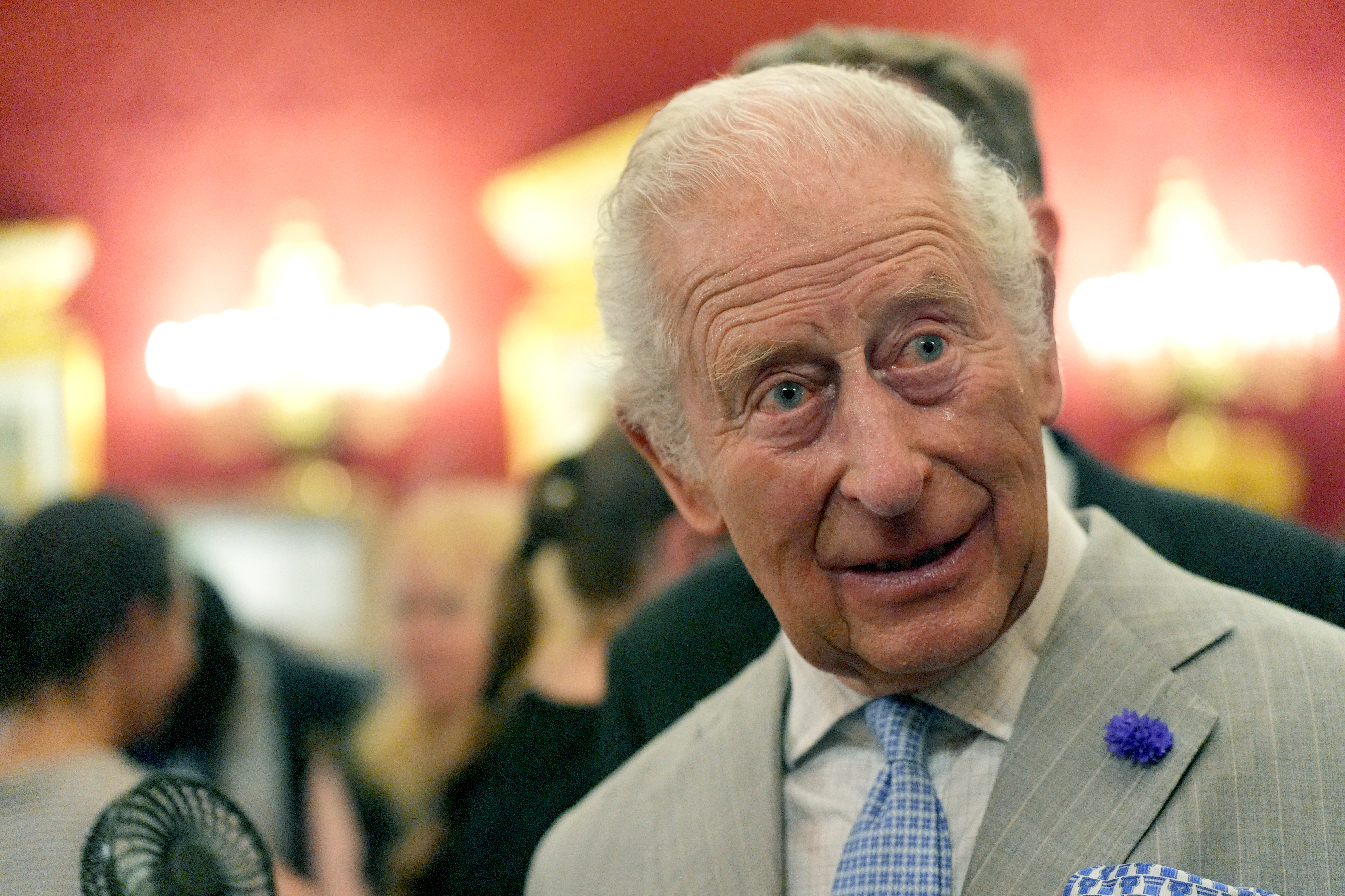 LONDON, ENGLAND - JUNE 24: A bead of sweat runs down the cheek of King Charles III as he attends a London Climate Week reception, hosted by the Department for Energy Security and Net Zero (DESNZ), at St James's Palace on June 24, 2026 in London, England. (Photo by Yui Mok - Pool/Getty Images)