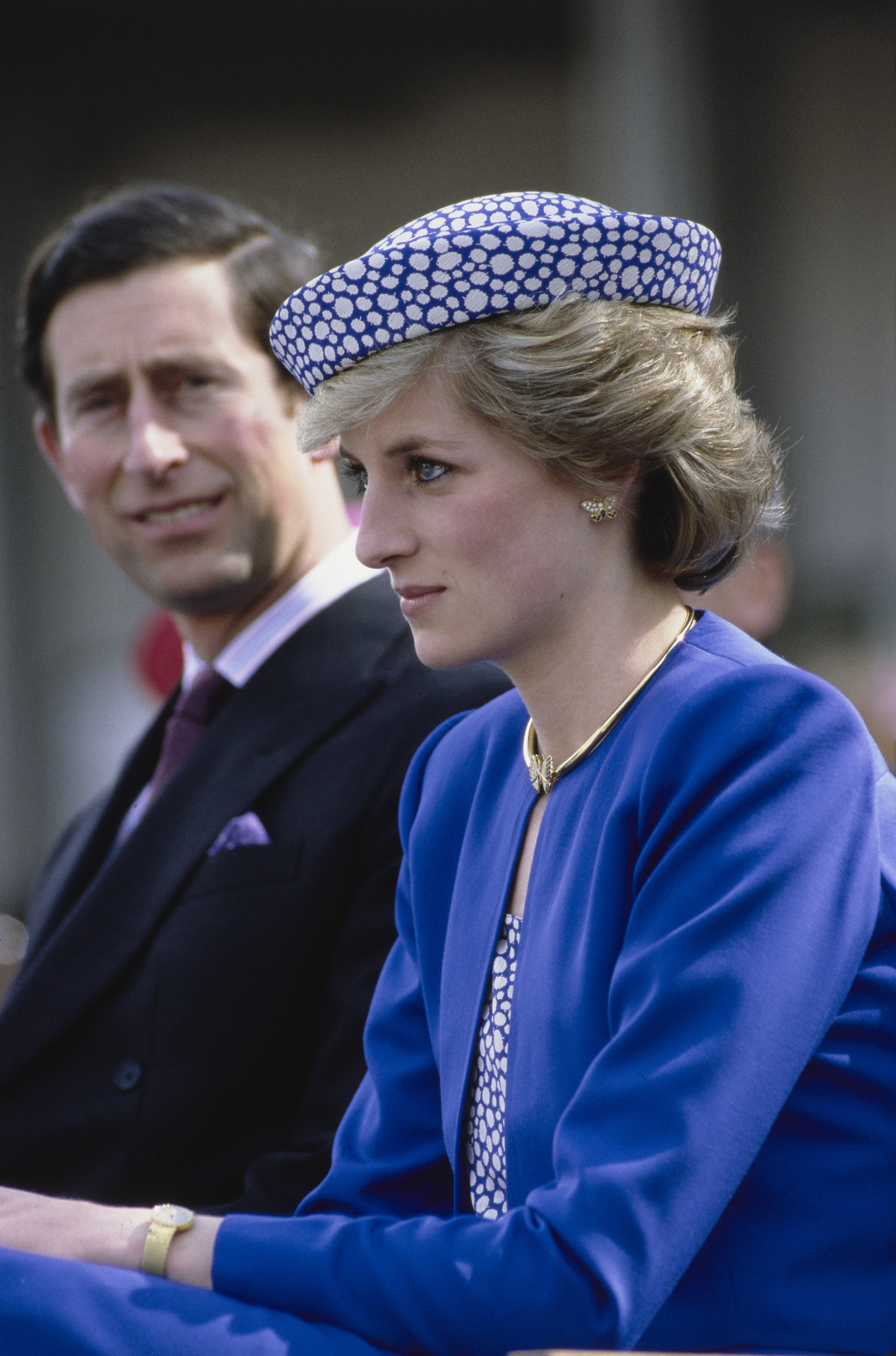 Princess Diana in Prince George wears a dress by Catherine Walker and a hat by Graham Smith during a visit to British Columbia, Canada, 14th May 1986. (Photo by Tim Graham Photo Library via Getty Images)