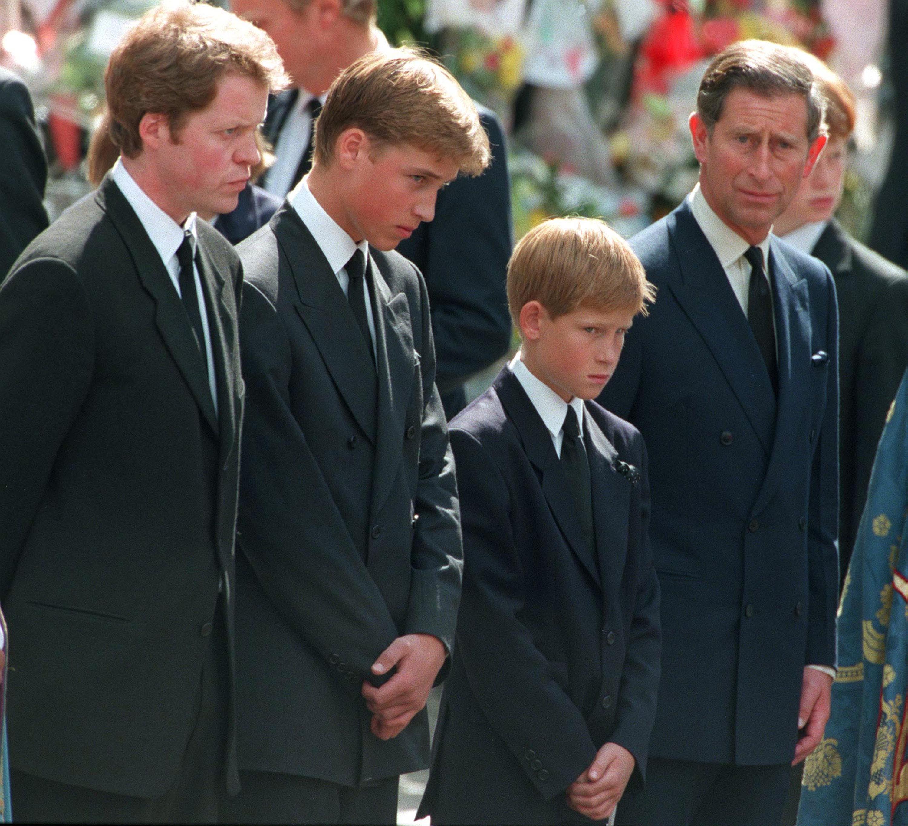 Prince William and Prince Harry with King Charles and their uncle, Earl Spencer, outside Westminster Abbey on the day of Princess Diana's funeral service (Image Source: Getty Images I Jayne Fincher)