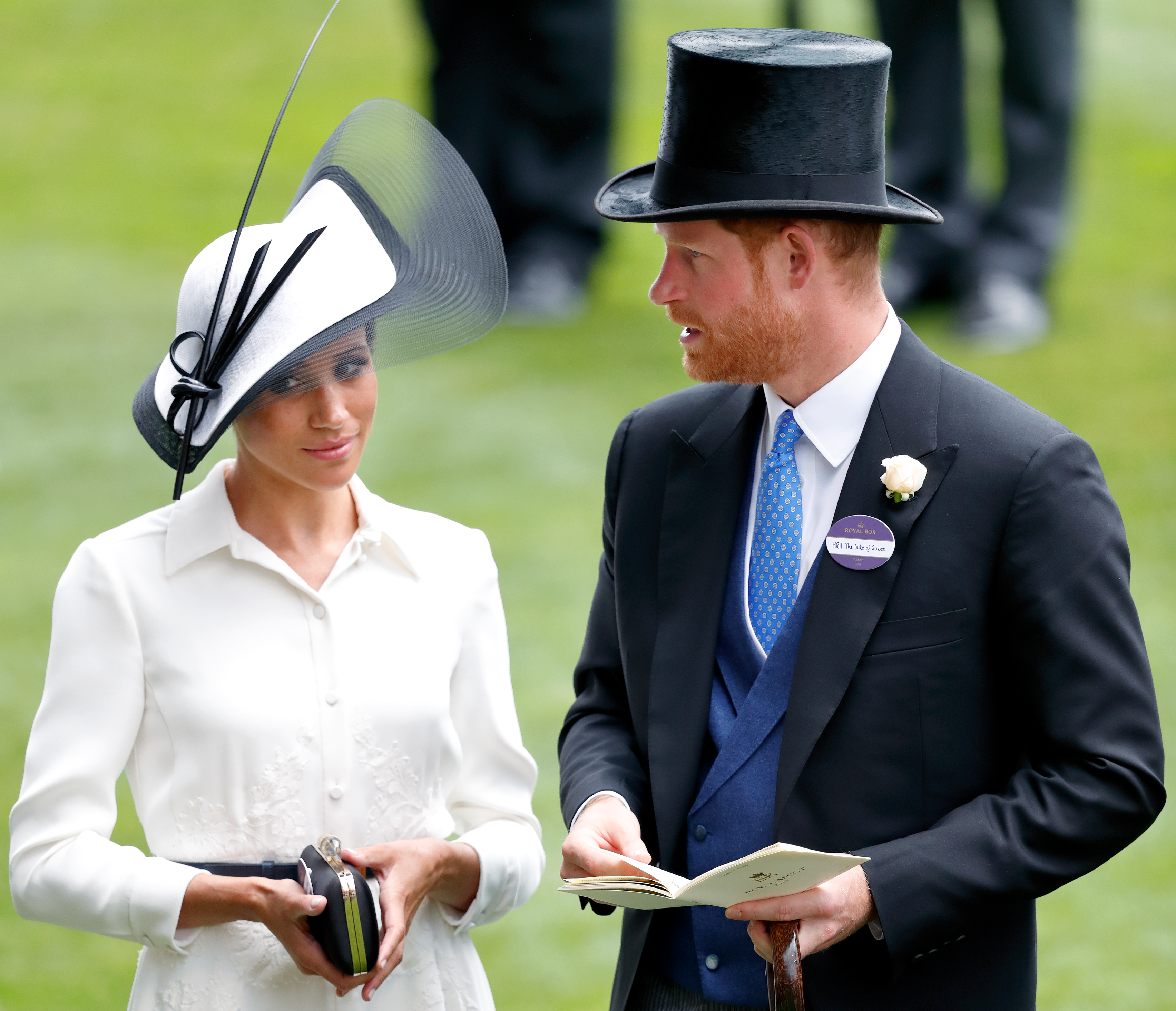 ASCOT, UNITED KINGDOM - JUNE 19: (EMBARGOED FOR PUBLICATION IN UK NEWSPAPERS UNTIL 24 HOURS AFTER CREATE DATE AND TIME) Meghan, Duchess of Sussex and Prince Harry, Duke of Sussex attend day 1 of Royal Ascot at Ascot Racecourse on June 19, 2018 in Ascot, England. (Photo by Max Mumby/Indigo/Getty Images)