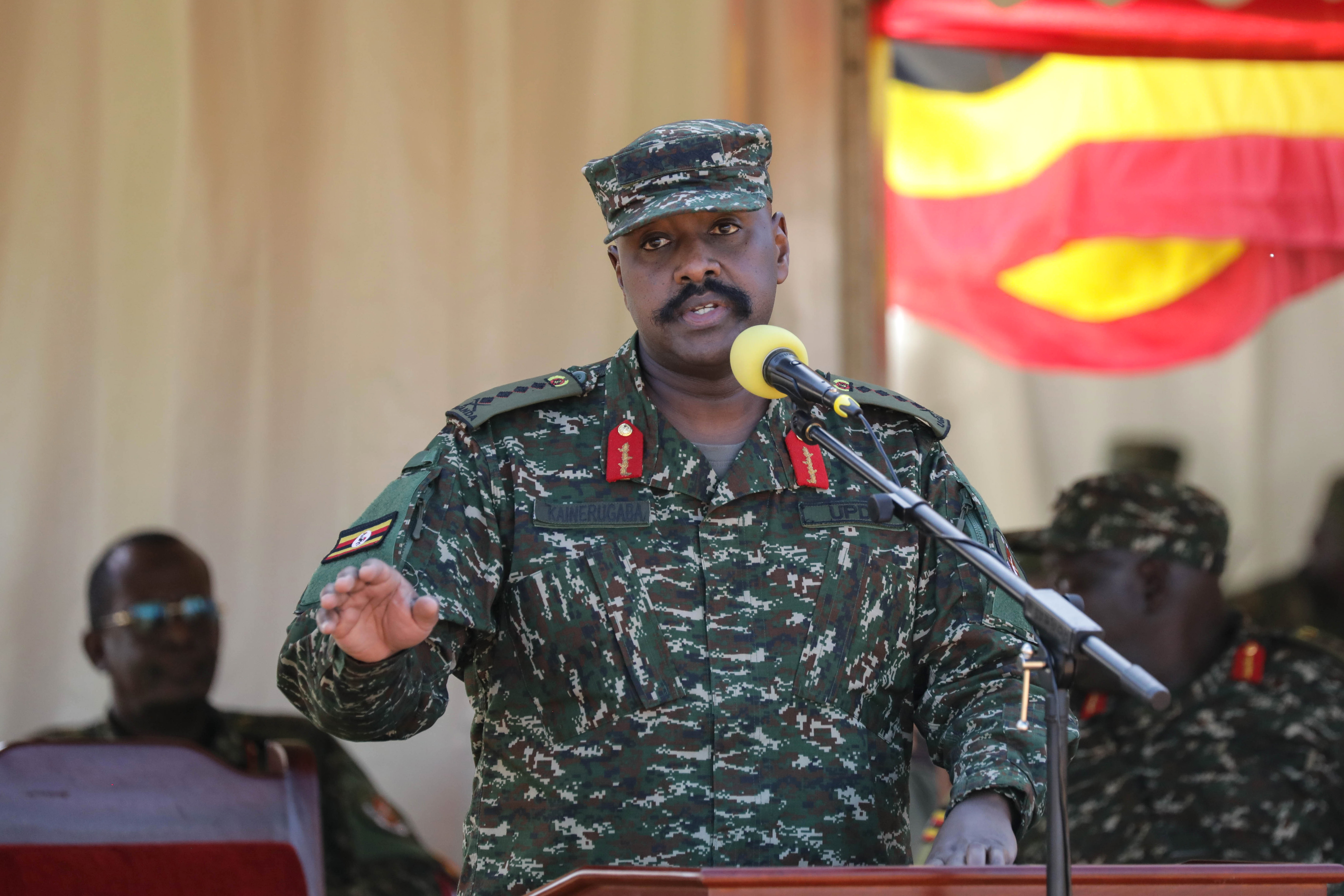 KAMPALA, UGANDA - MAY 13: General Muhoozi Kainerugaba, Uganda's Chief of Defense Forces and Lt speaking at the Chief of Defense Forces Inter  Force Drill Competition on May 13, 2025 in Kampala, Uganda. The event's guest of honor was General Muhoozi Kainerugaba, chief of the UPDF and the eldest son of Ugandan President Yoweri Museveni. (Photo by Hajarah Nalwadda/Getty Images)
