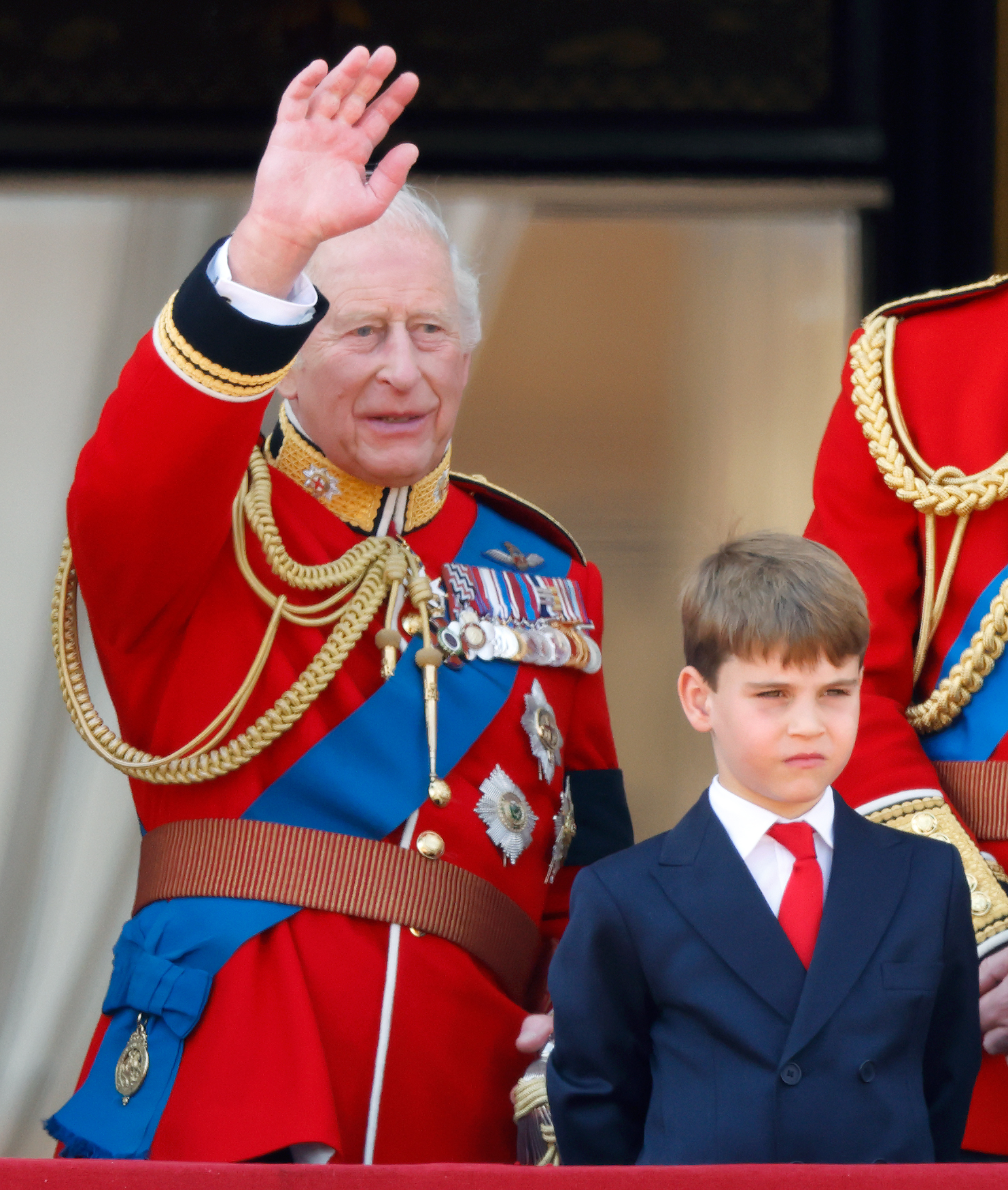 LONDON, UNITED KINGDOM - JUNE 14: (EMBARGOED FOR PUBLICATION IN UK NEWSPAPERS UNTIL 24 HOURS AFTER CREATE DATE AND TIME) King Charles III (wearing his Coldstream Guards uniform) and Prince Louis of Wales watch an RAF flypast from the balcony of Buckingham Palace after attending Trooping The Colour 2025 on June 14, 2025 in London, England. Trooping the Colour, also known as The King's Birthday Parade, is a military ceremony to mark the official birthday of the British Sovereign. The ceremony, which takes place at Horse Guards Parade followed by a flypast over Buckingham Palace, was first performed in the mid-17th century during the reign of King Charles II. The parade features all seven regiments of the Household Division with Number 7 Company Coldstream Guards being the regiment this year having their Colour Trooped. (Photo by Max Mumby/Indigo/Getty Images)