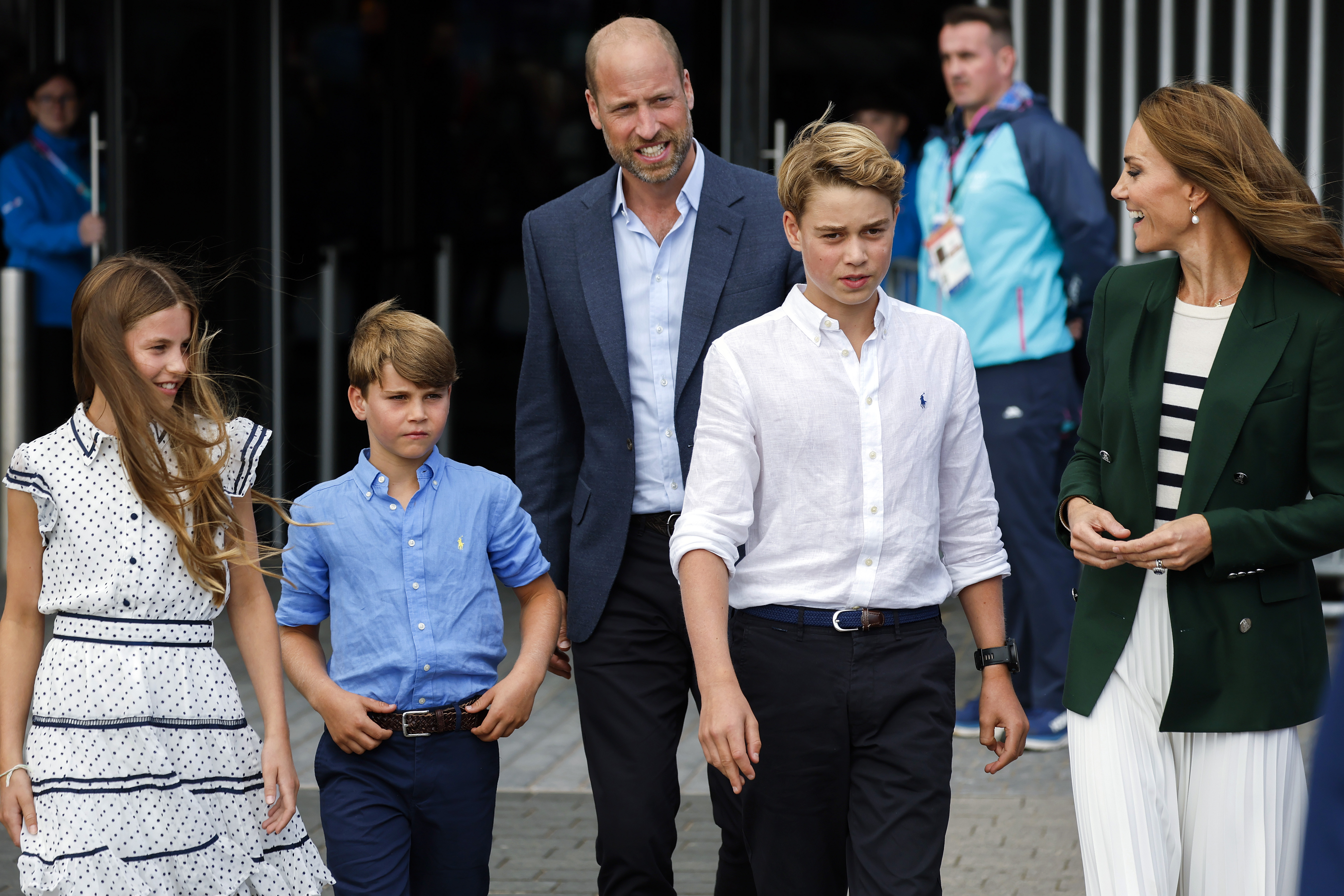 GLASGOW, SCOTLAND - AUGUST 01: Prince William, Prince of Wales, Duke of Rothsay and Catherine, Princess of Wales, Duchess of Rothsay with Prince George, Princess Charlotte and Prince Louis arrive for the Glasgow 2026 Commonwealth Games at The Hydro on August 1, 2026 in Glasgow, Scotland.on August 01, 2026 in Glasgow, Scotland. (Photo by Jeff J Mitchell/Getty Images)