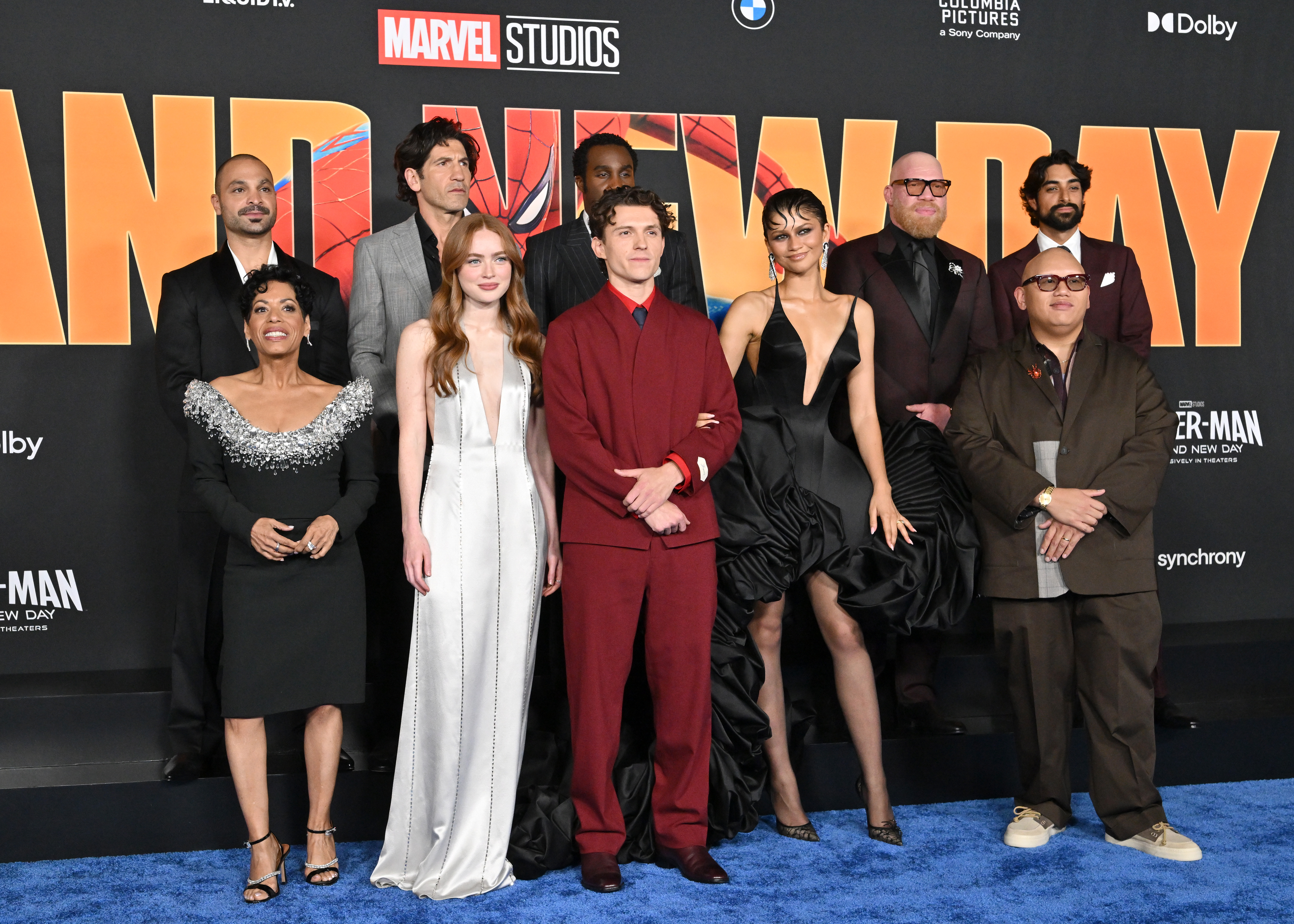 HOLLYWOOD, CALIFORNIA - JULY 27: (L-R) Liza Colón-Zayas, Michael Mando, Sadie Sink, Jon Bernthal, Tom Holland, Tramell Tillman, Zendaya, Marvin Jones III, Jacob Batalon and Eman Esfandi attend the Los Angeles Premiere of Columbia Pictures'