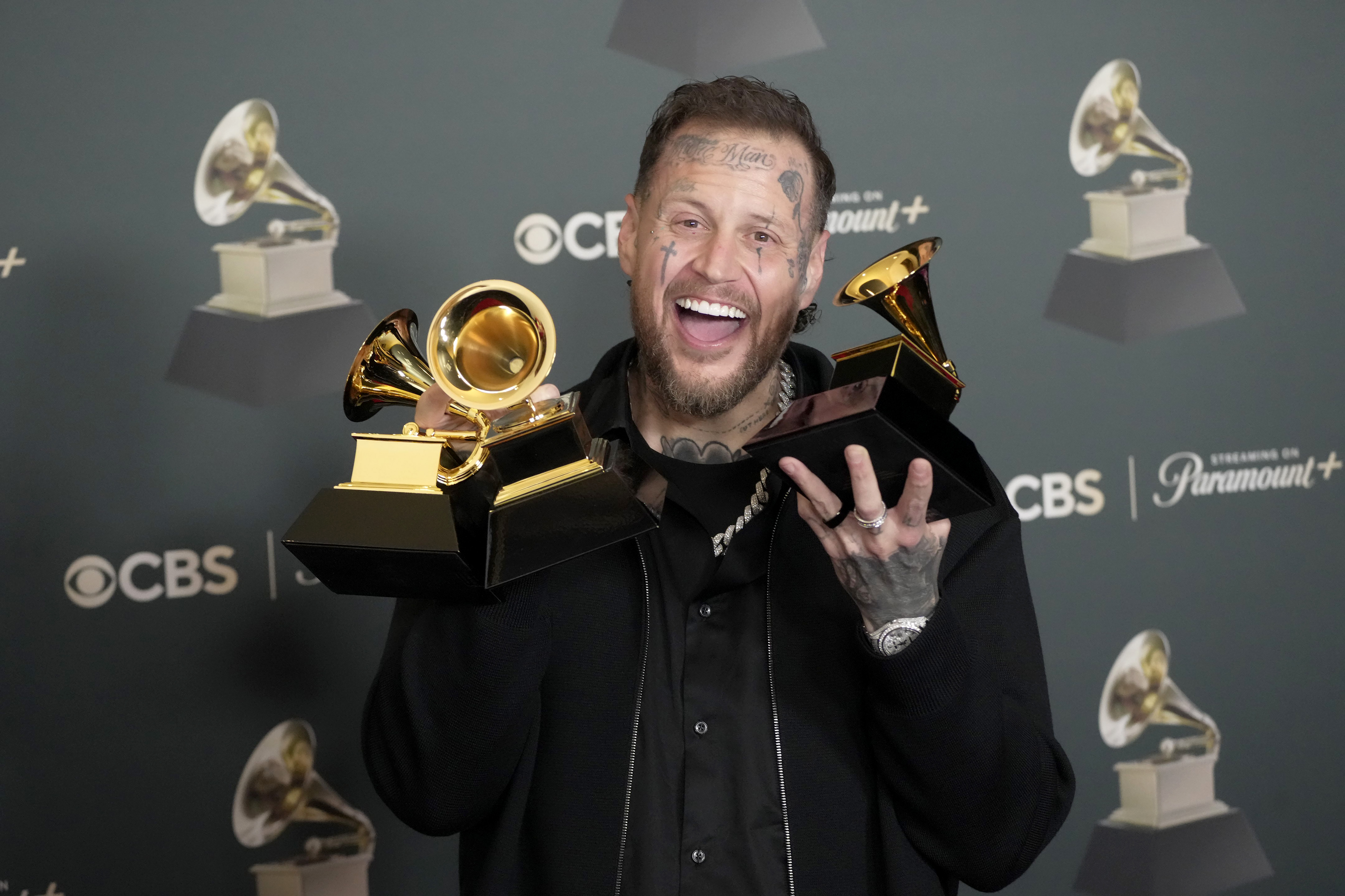 LOS ANGELES, CALIFORNIA - FEBRUARY 01: (FOR EDITORIAL USE ONLY) Jelly Roll, winner of Best Country Duo/Group Performance for