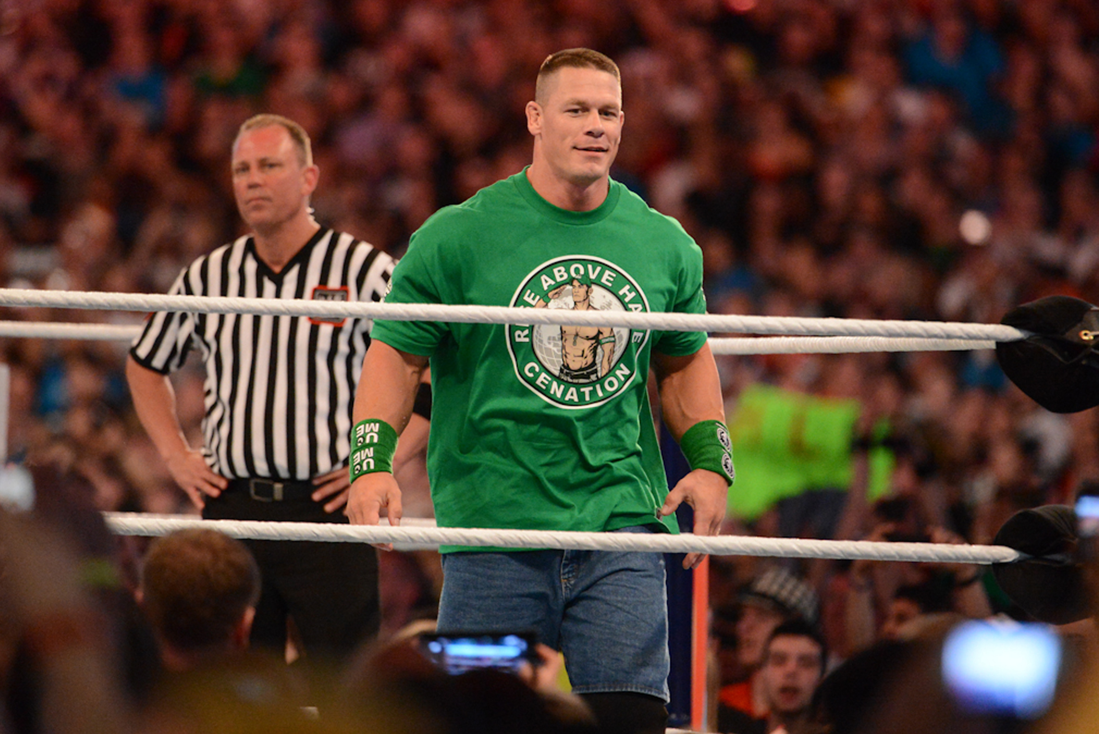 MIAMI GARDENS, FL - APRIL 1:  John Cena looks on before his match against Dwayne