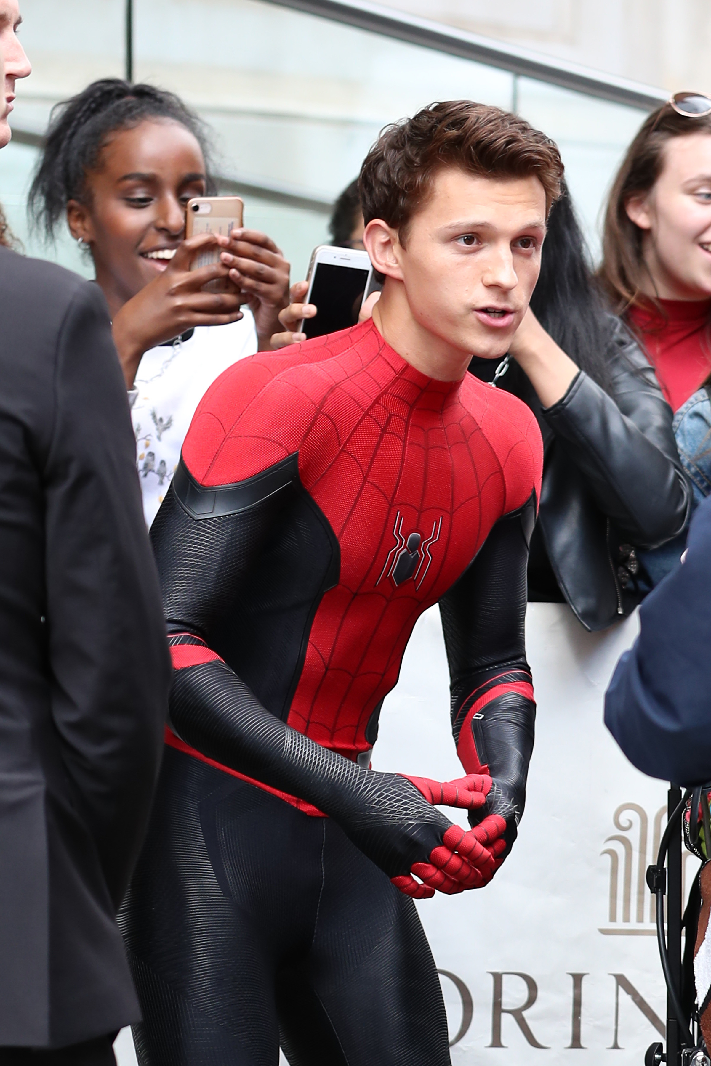 LONDON, ENGLAND - JUNE 21: Tom Holland seen leaving his hotel dressed as Spider-Man to meet fans on June 21, 2019 in London, England. (Photo by Neil Mockford/GC Images)