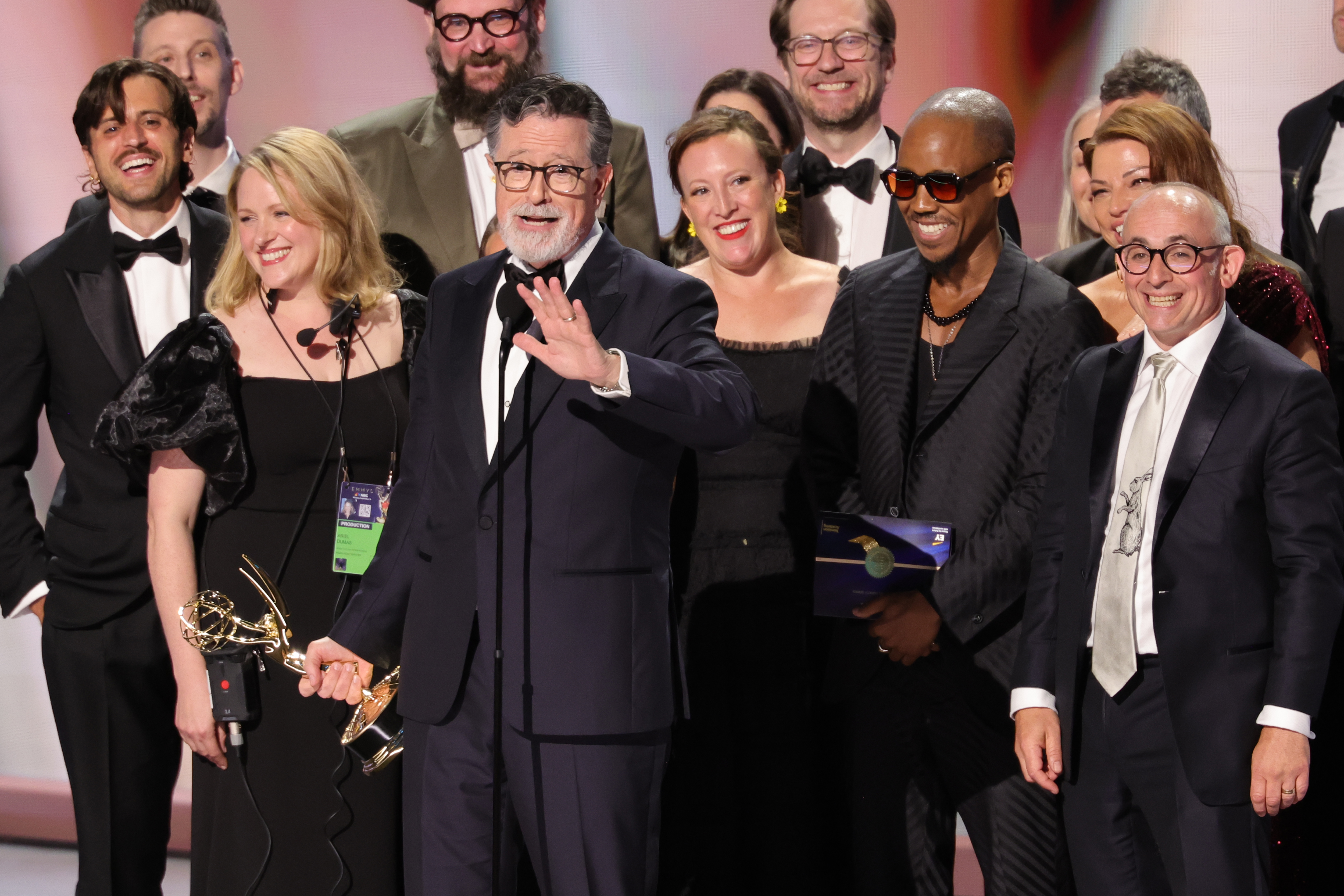 LOS ANGELES, CALIFORNIA - SEPTEMBER 14: Stephen Colbert and crew accept the Outstanding Variety Series Award for