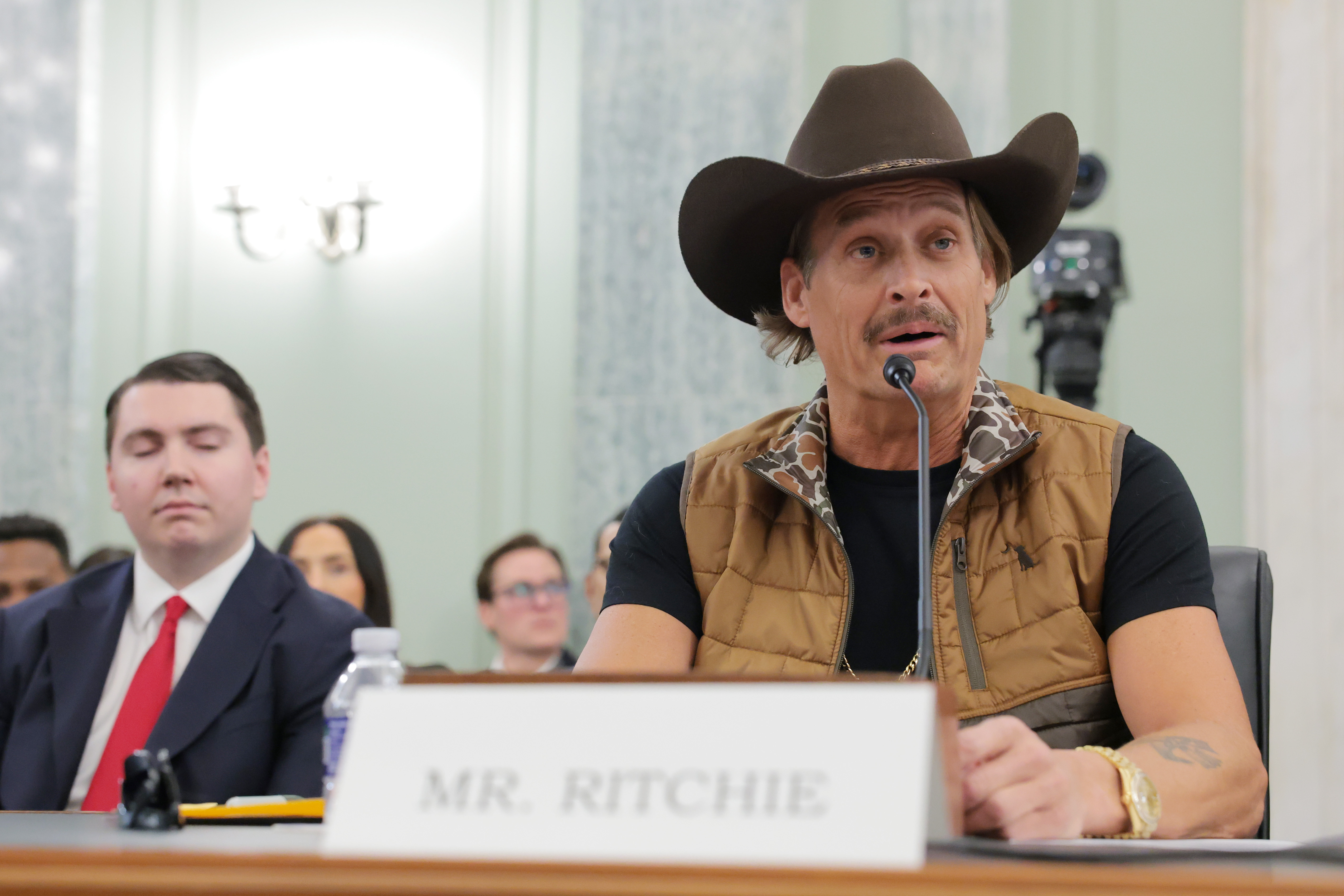 WASHINGTON, DC - JANUARY 28: Musician Kid Rock speaks during a subcommittee hearing with the Senate Committee on Commerce, Science, and Transportation in the Russell Senate Office Building on January 28, 2026 in Washington, DC. The subcommittee on Consumer Protection, Technology, and Data Privacy, held the hearing to discuss the live entertainment industry and improper ticket sale practices. (Photo by Anna Moneymaker/Getty Images)