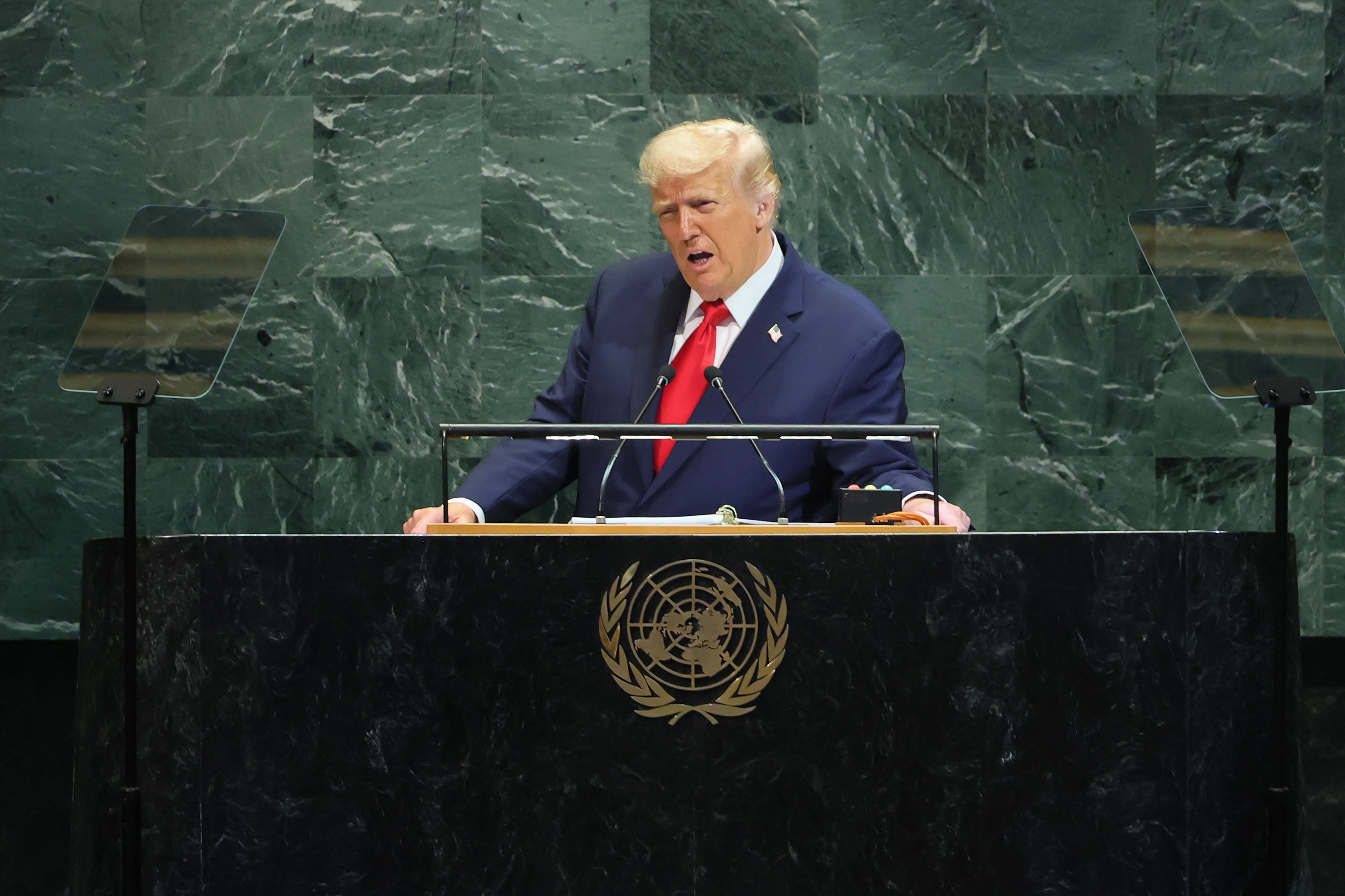 NEW YORK, NEW YORK - SEPTEMBER 23: U.S. President Donald Trump speaks during the United Nations General Assembly (UNGA) at the United Nations headquarters on September 23, 2025 in New York City. World leaders convened for the 80th Session of UNGA, with this year’s theme for the annual global meeting being “Better together: 80 years and more for peace, development and human rights.”  (Photo by Michael M. Santiago/Getty Images)