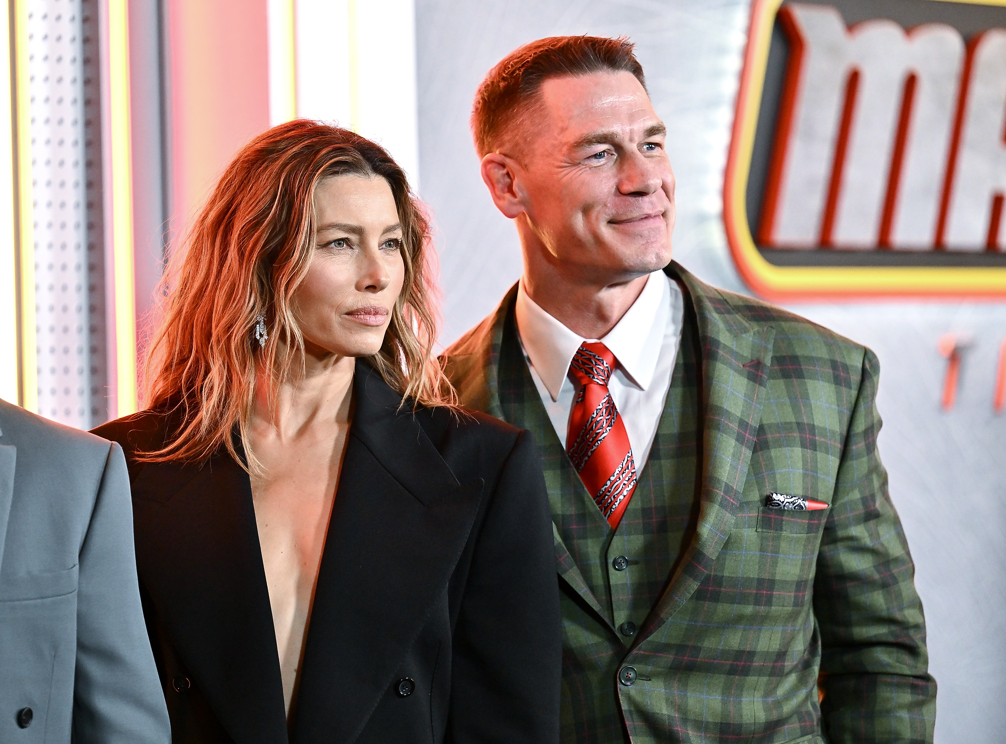 Jessica Biel, left, and John Cena attend the premiere of Apple TV's