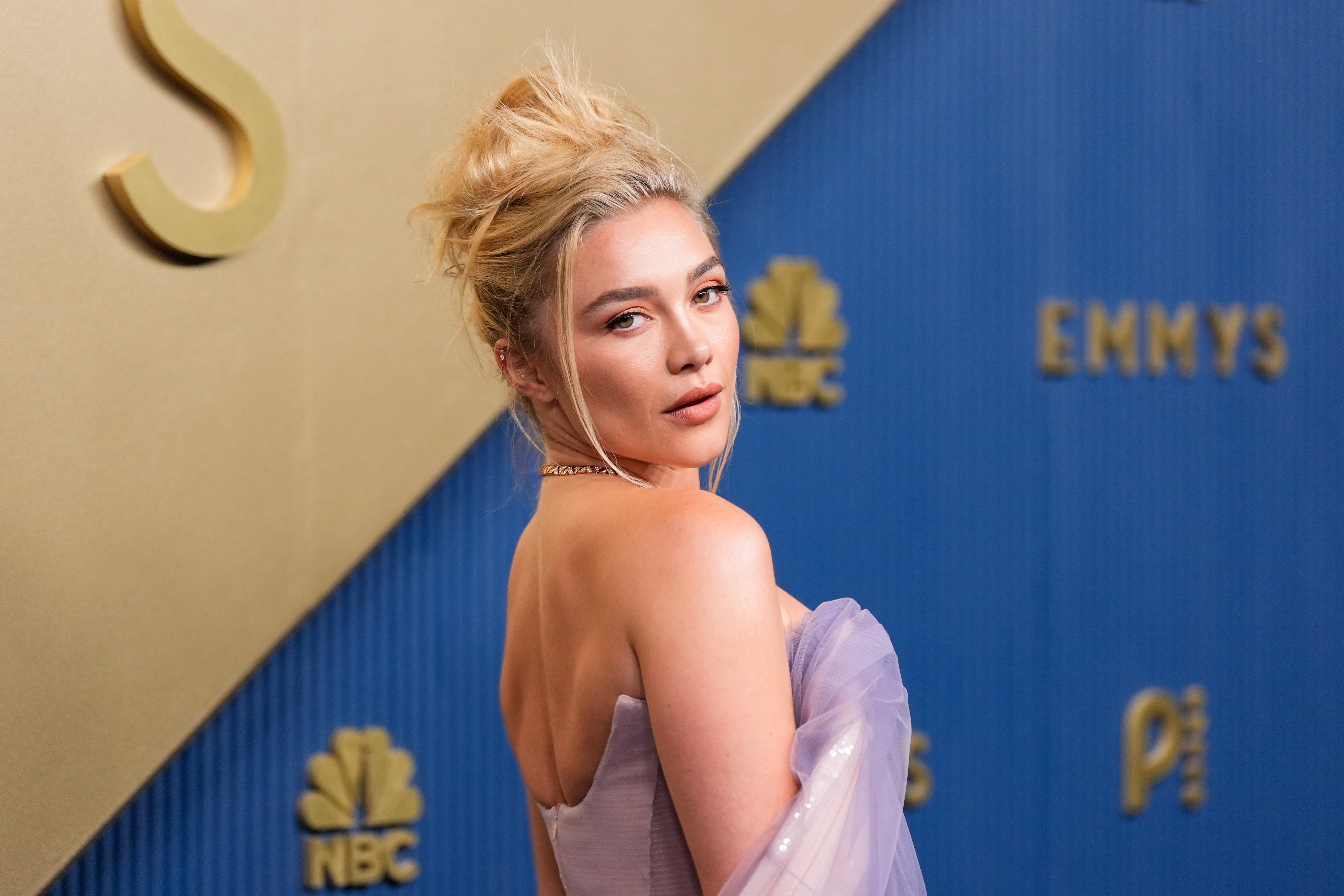 Florence Pugh arrives at the 78th Emmy Awards on Monday, Sept. 14, 2026, at the Peacock Theater in Los Angeles. (AP Photo/Mark J. Terrill)