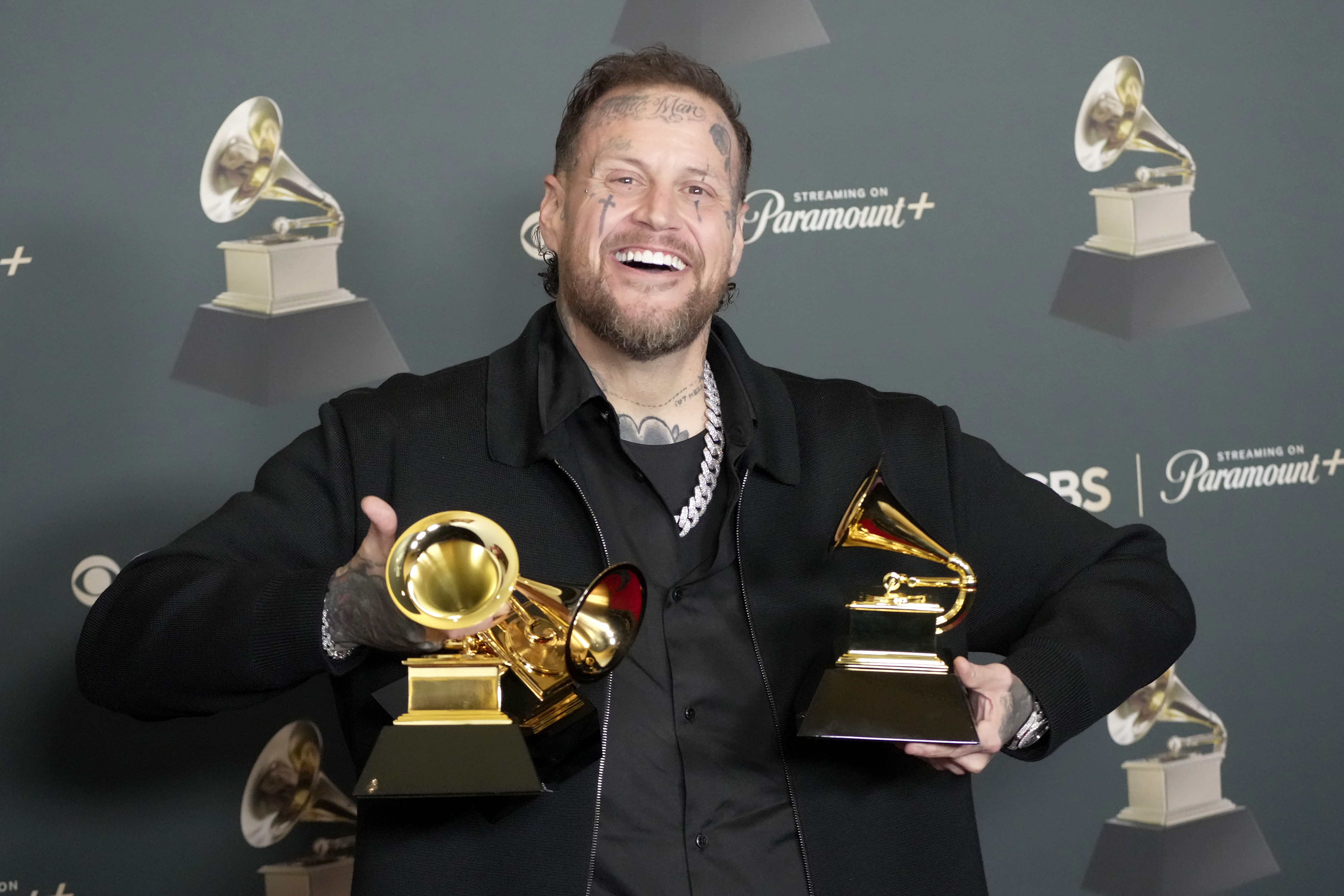 LOS ANGELES, CALIFORNIA - FEBRUARY 01: (FOR EDITORIAL USE ONLY) Jelly Roll, winner of Best Country Duo/Group Performance for