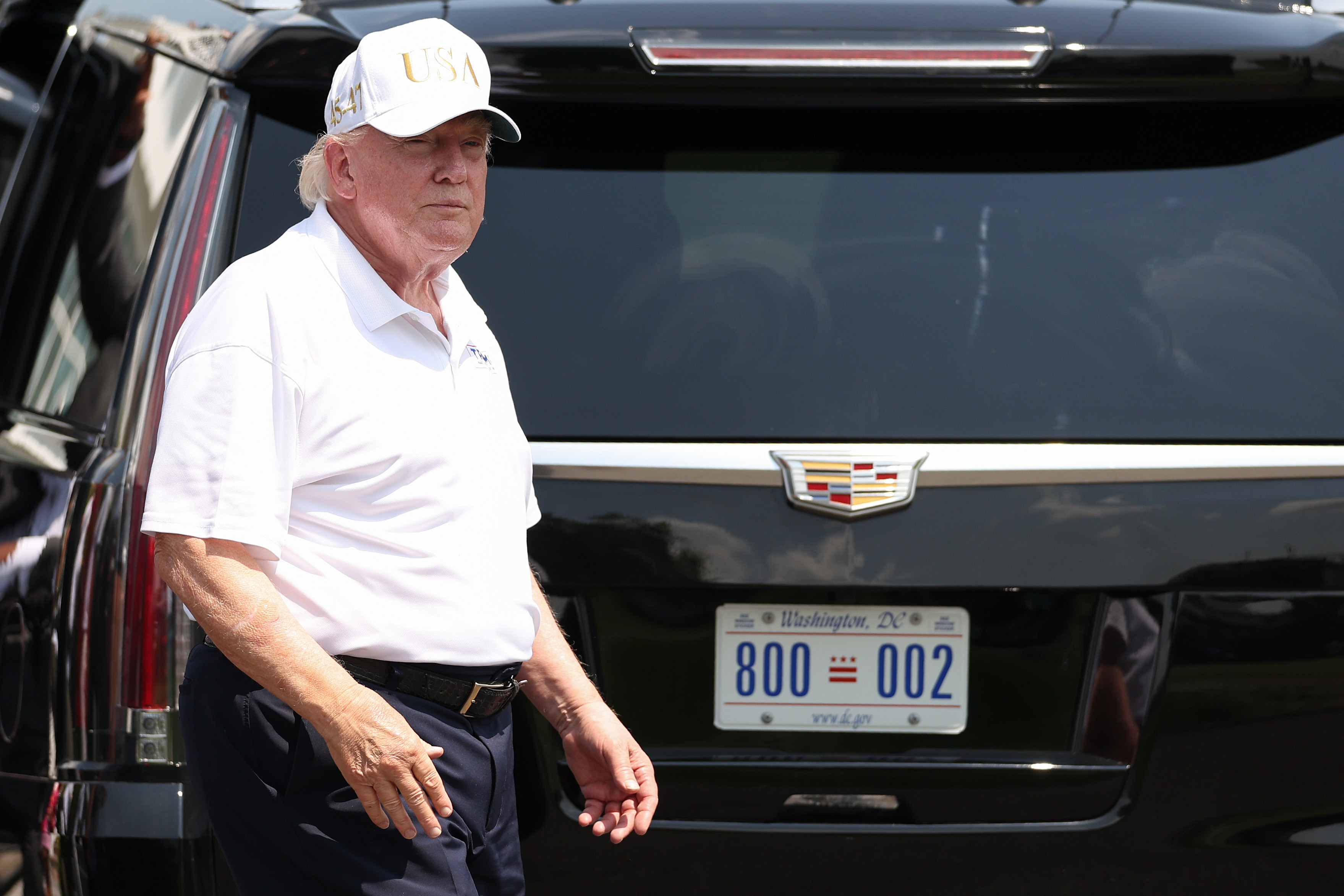 BEDMINSTER, NEW JERSEY - AUGUST 09: U.S. President Donald Trump looks on during day four of LIV Golf New York at Trump National Golf Club on August 09, 2026 in Bedminster, New Jersey. (Photo by Jordan Bank/Getty Images)