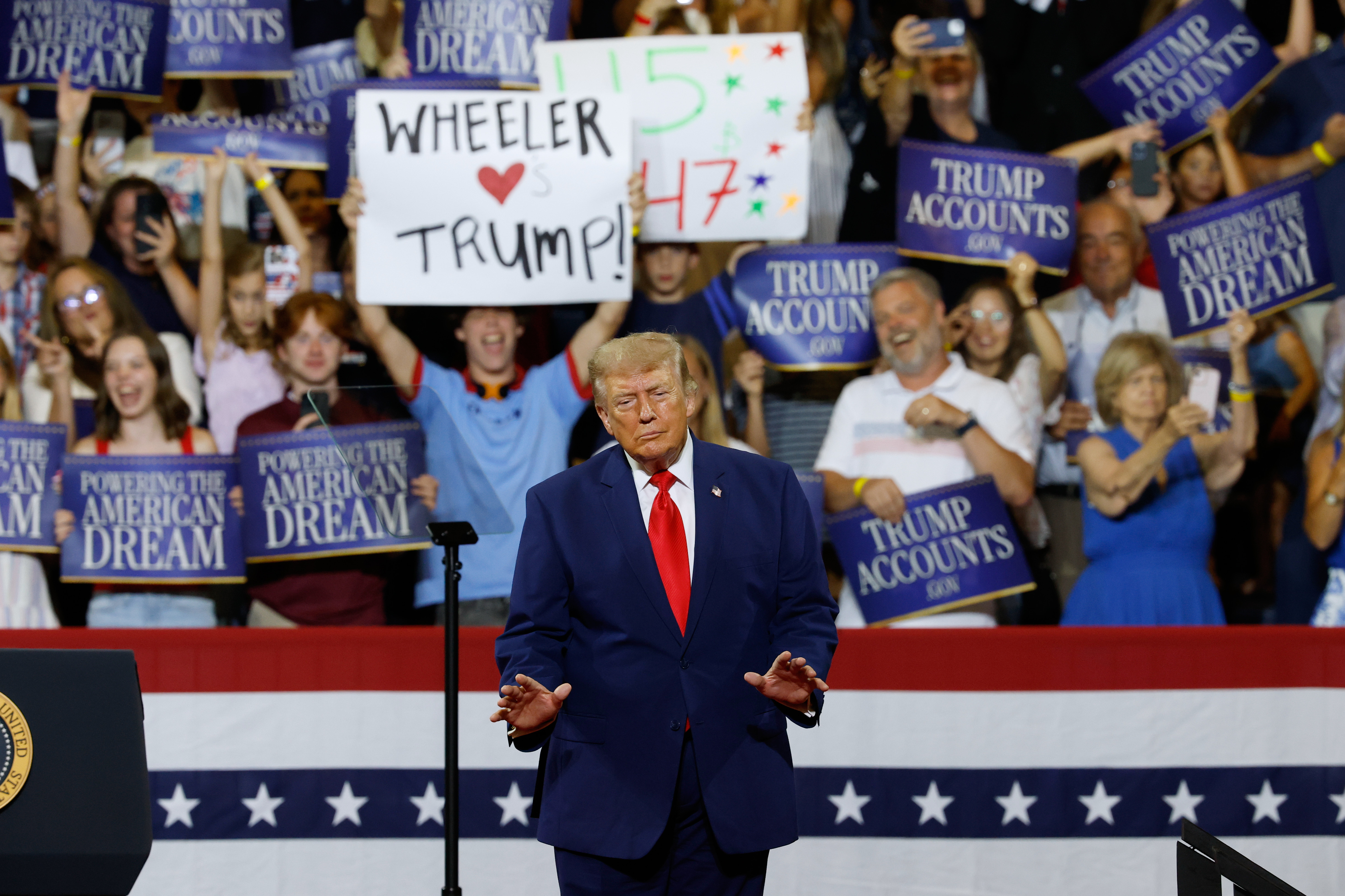 President Donald Trump arrives to speak to a rally at Wheeler High School in Marietta, Ga., Wednesday, July 22, 2026. (AP Photo/Erik S. Lesser)