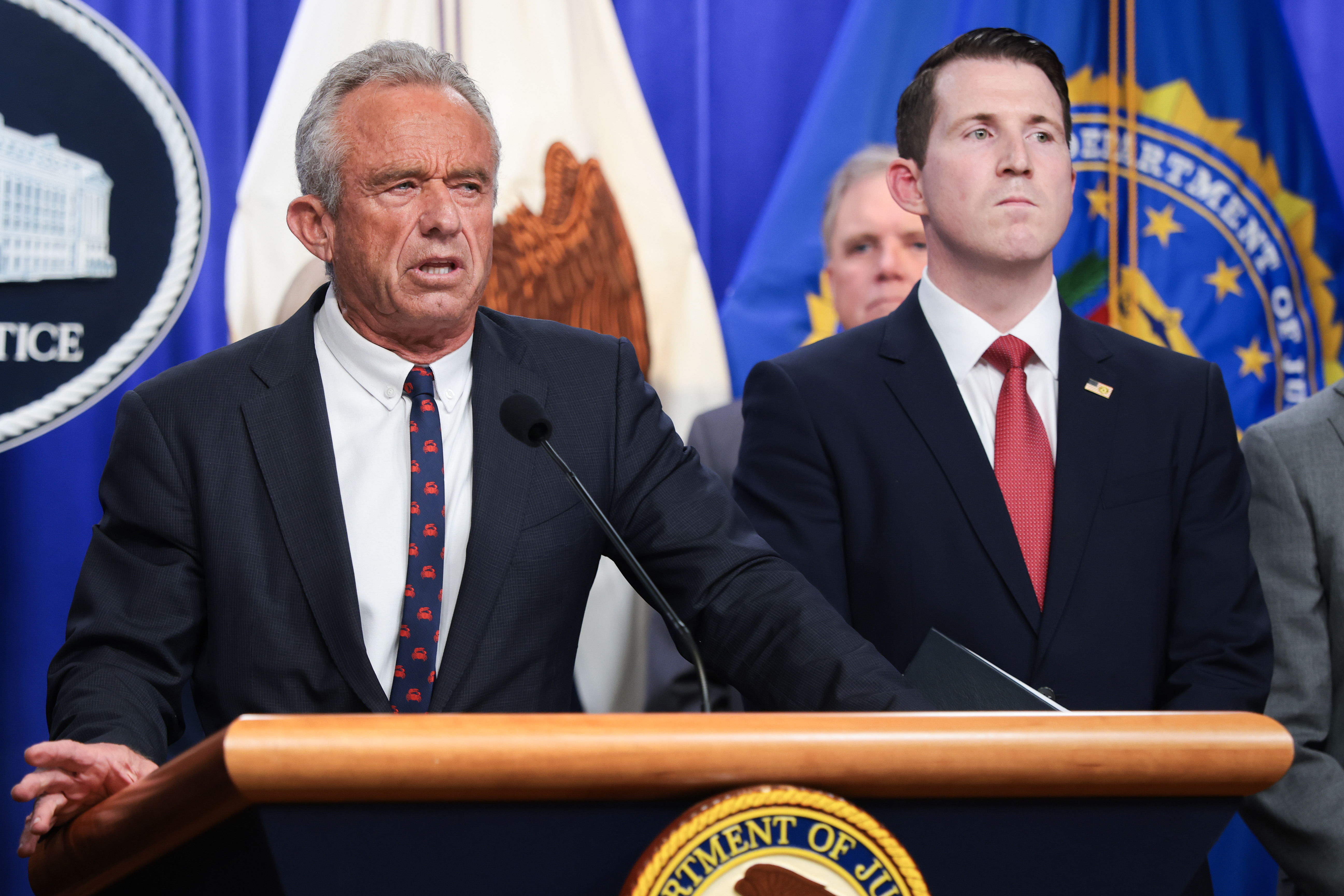 WASHINGTON, DC - JUNE 23: U.S. Secretary of Health and Human Services Robert F. Kennedy Jr. speaks during a news conference at the at the Robert F. Kennedy Department of Justice building on June 23, 2026 in Washington, DC. Department of Justice and Health and Human Service officials held the news conference to discuss recent crackdowns against fraud pertaining to healthcare. (Photo by Anna Moneymaker/Getty Images)