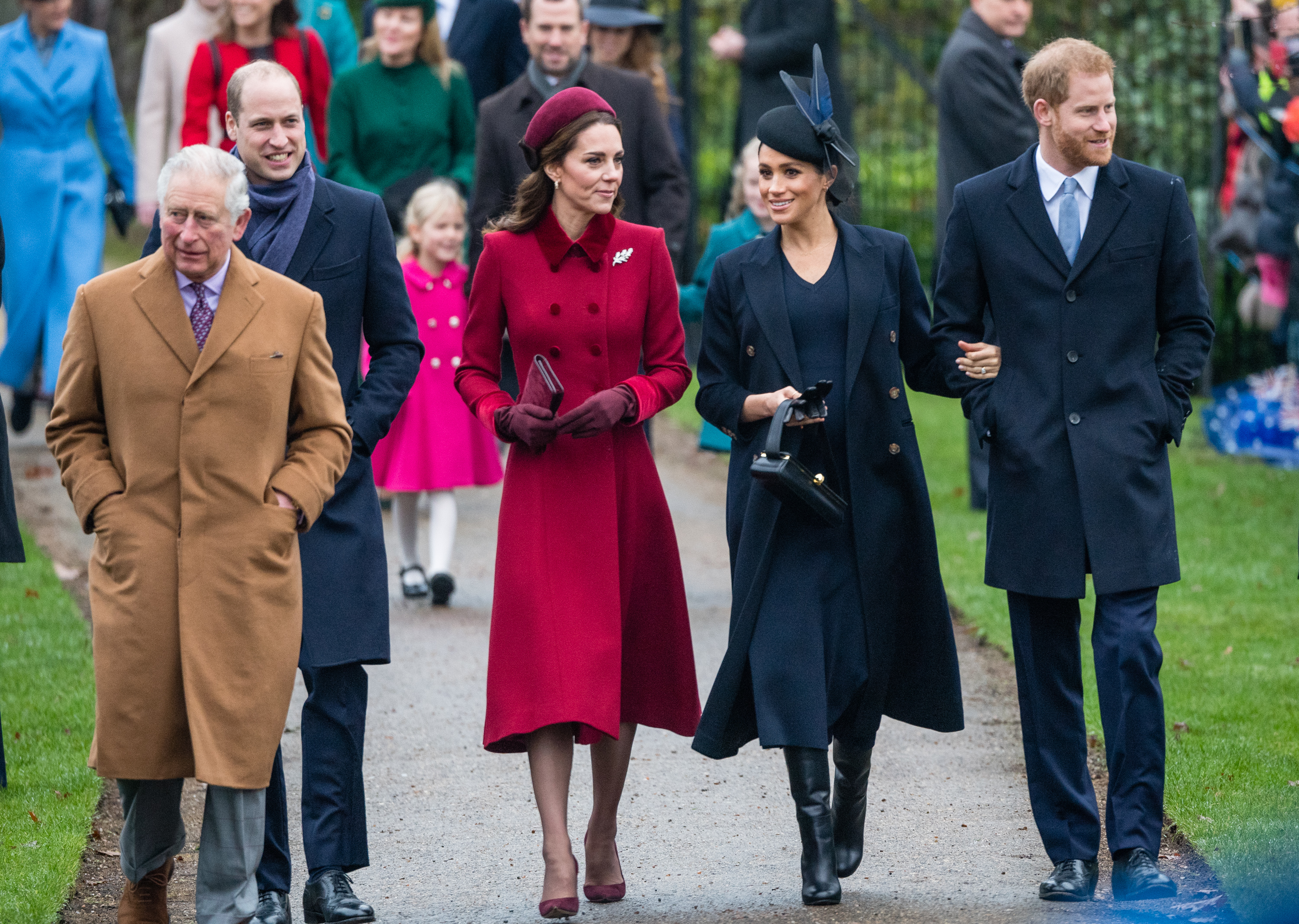KING'S LYNN, ENGLAND - DECEMBER 25: Prince Charles, Prince of Wales, Prince William, Duke of Cambridge, Catherine, Duchess of Cambridge, Meghan, Duchess of Sussex and Prince Harry, Duke of Sussex attend Christmas Day Church service at Church of St Mary Magdalene on the Sandringham estate on December 25, 2018 in King's Lynn, England. (Photo by Samir Hussein/Samir Hussein/WireImage)