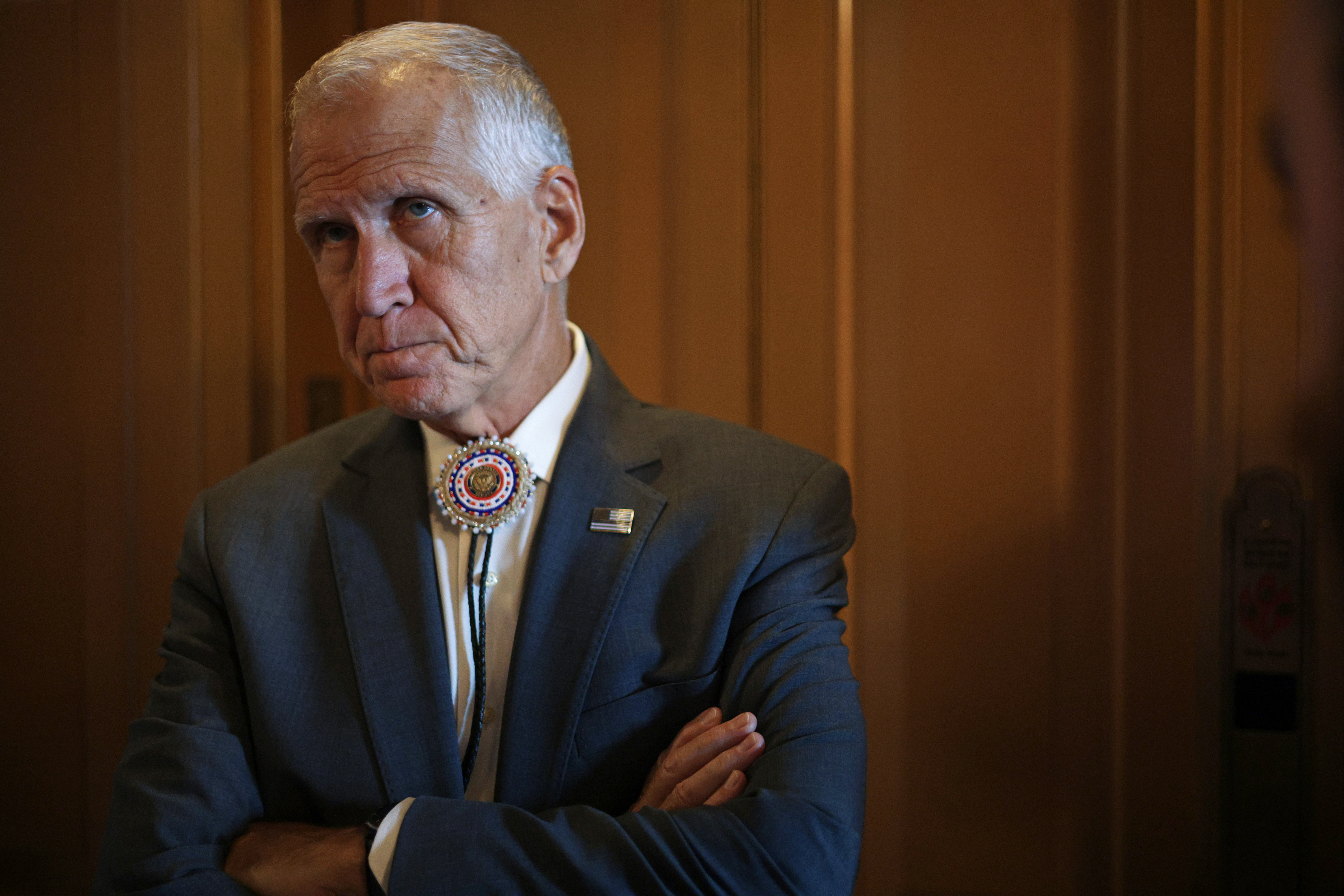 WASHINGTON, DC - AUGUST 05: U.S. Sen. Thom Tillis (R-NC) speaks to reporters at the U.S. Capitol on August 5, 2026 in Washington, DC. Senators continue to work ahead of the August recess with several legislative tasks ahead including confirming acting Attorney General Todd Blanche and passing government funding legislation. (Photo by Alex Wong/Getty Images)