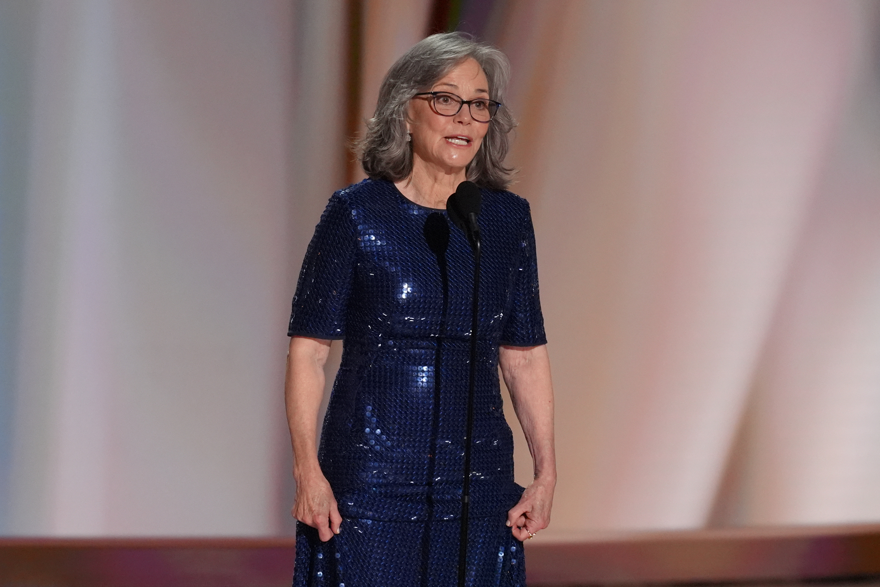 Sally Field pays tribute to Dolly Parton during the 78th Emmy Awards on Monday, Sept. 14, 2026, at the Peacock Theater in Los Angeles. (AP Photo/Chris Pizzello)